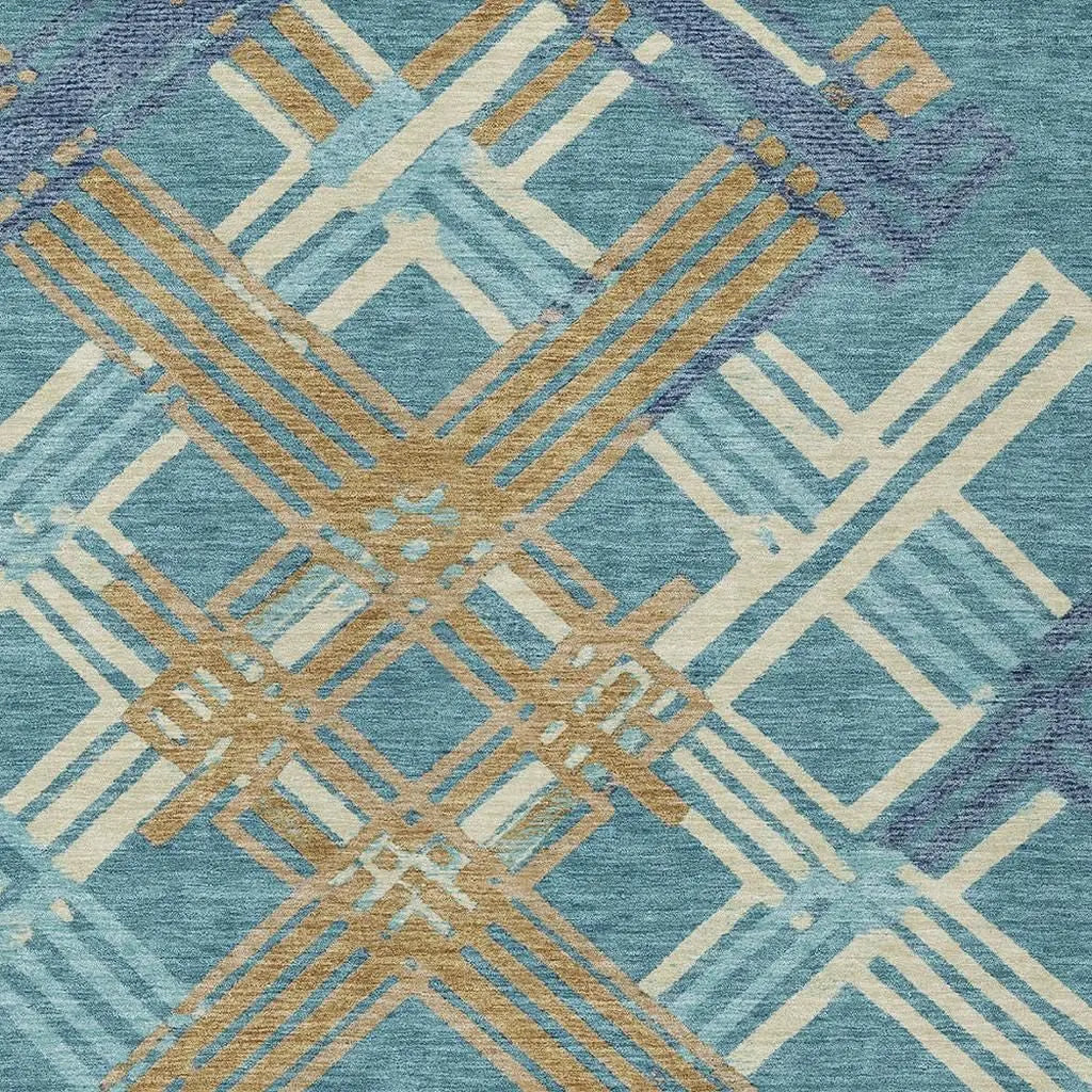 5' X 8' Teal Blue And Beige Geometric Washable Indoor Outdoor Area Rug Homeroots Outdoor