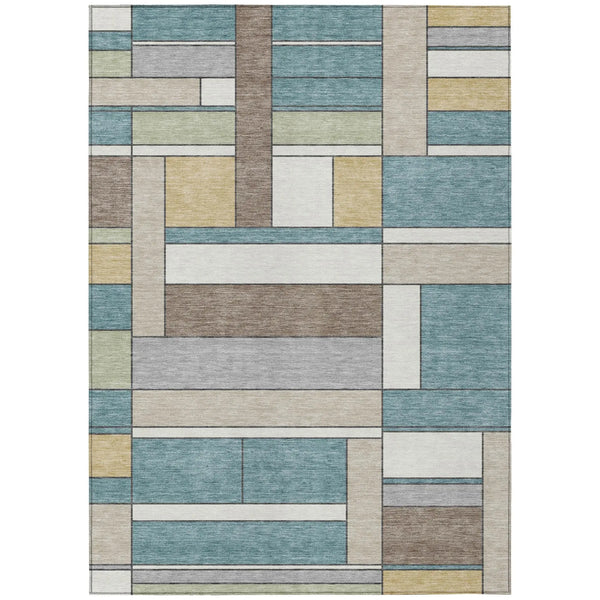 5' X 8' Teal Blue And Beige Geometric Washable Indoor Outdoor Area Rug Homeroots Outdoor