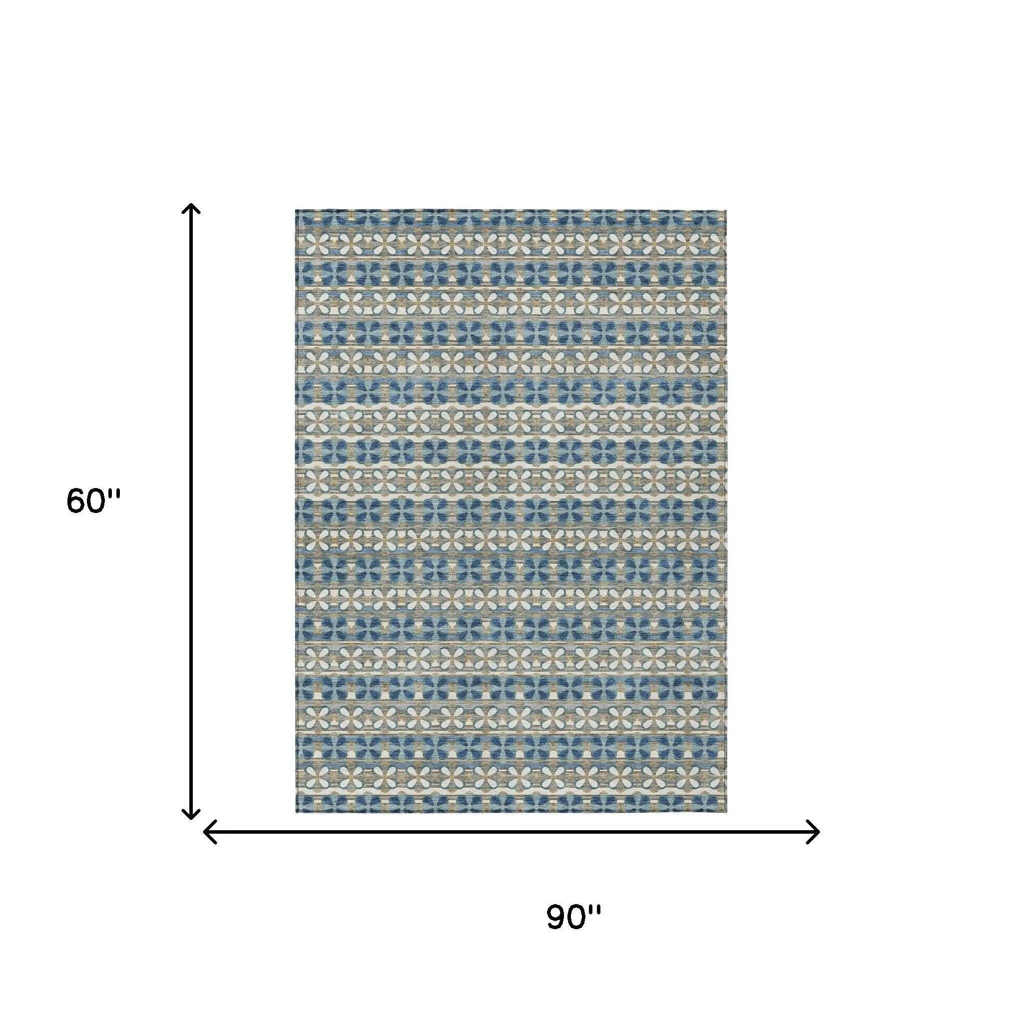 5' X 8' Teal Blue And Black Striped Washable Indoor Outdoor Area Rug Homeroots Outdoor