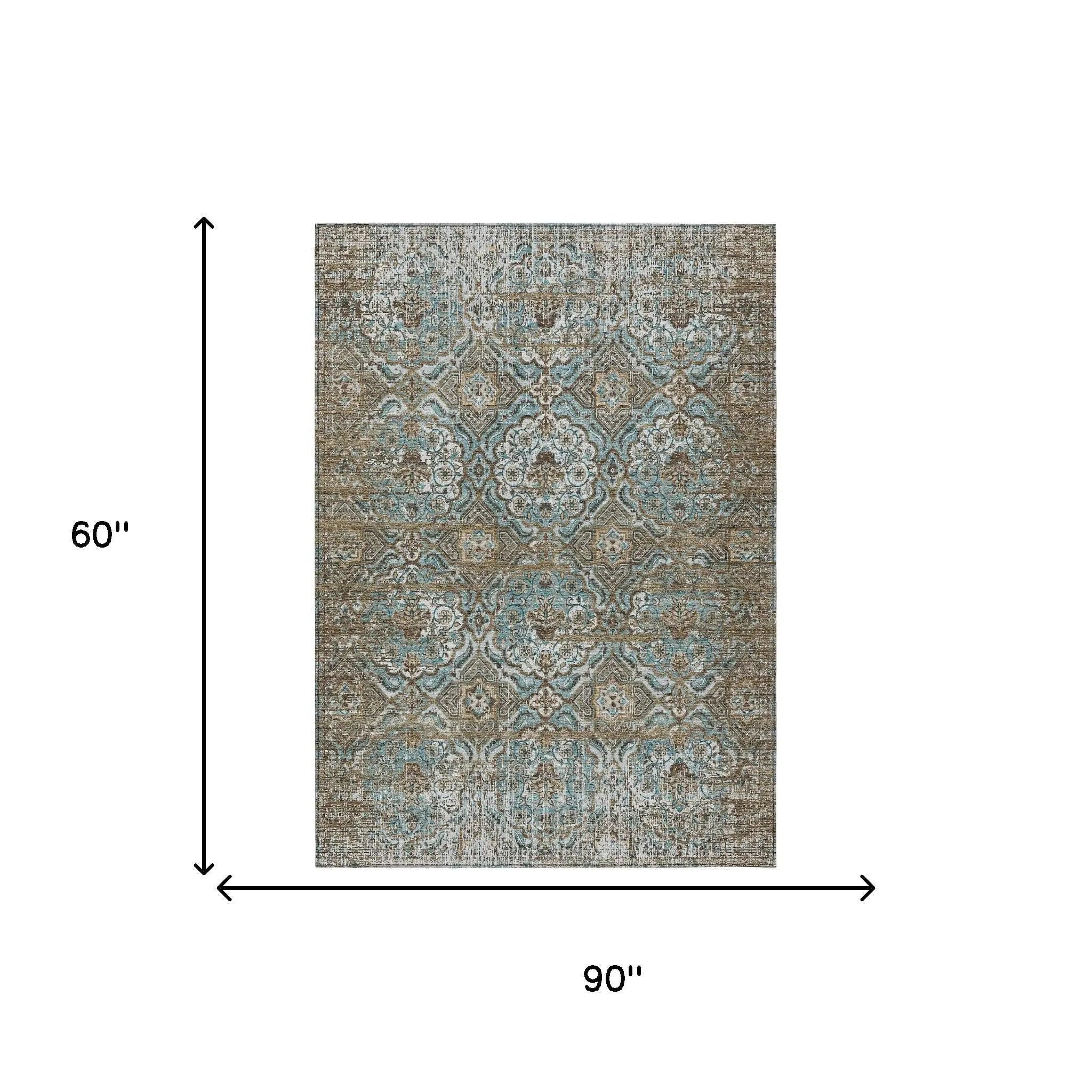 5' X 8' Teal Blue And Blue Floral Washable Indoor Outdoor Area Rug Homeroots Outdoor