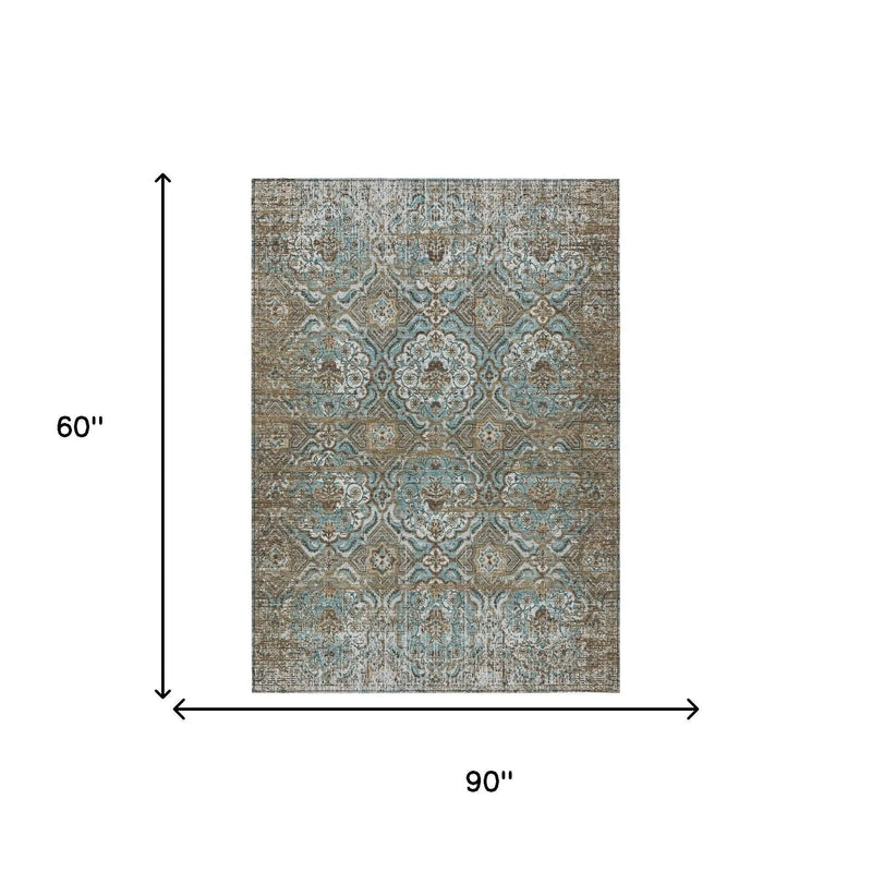5' X 8' Teal Blue And Blue Floral Washable Indoor Outdoor Area Rug Homeroots Outdoor