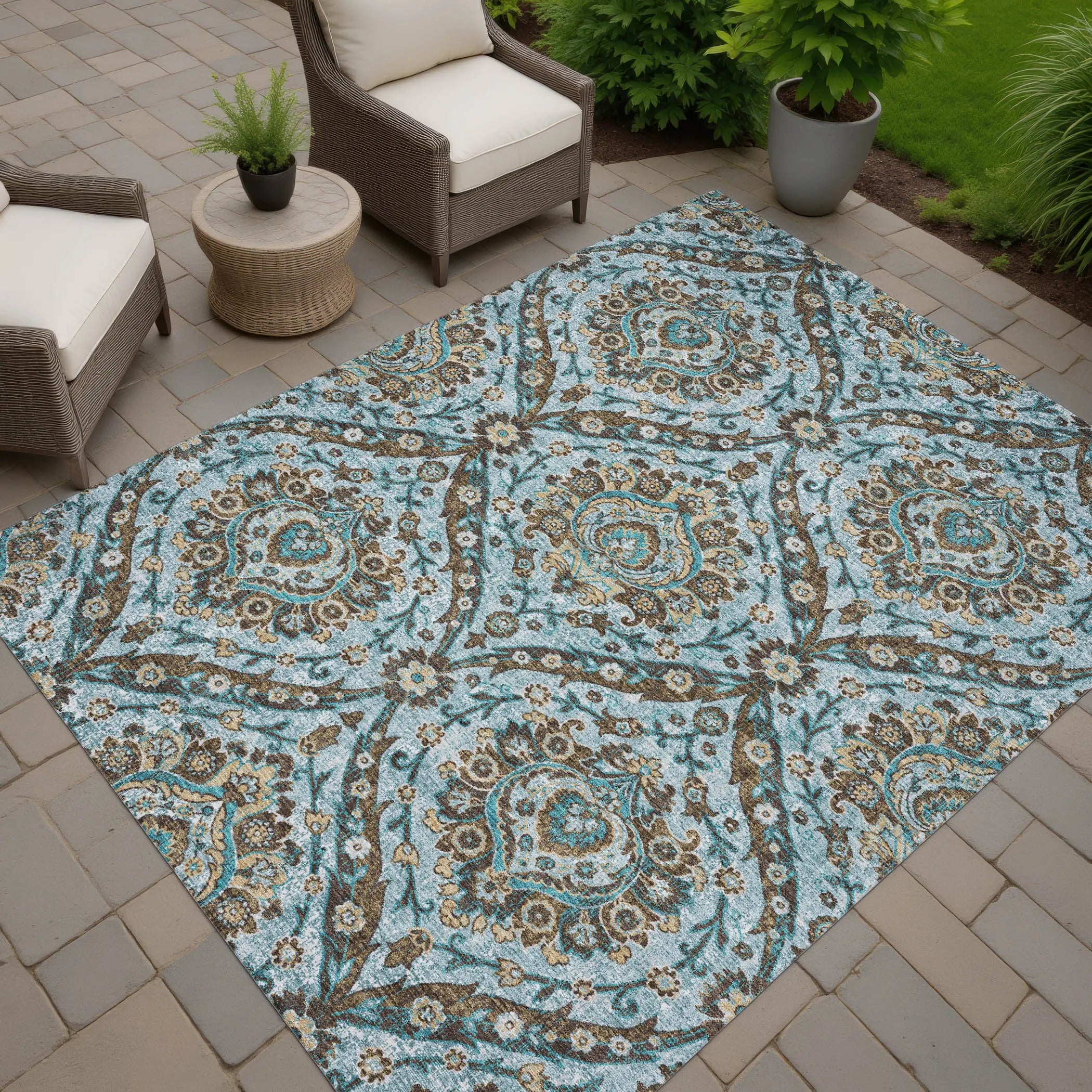 5' X 8' Teal Blue And Blue Floral Washable Indoor Outdoor Area Rug Homeroots Outdoor
