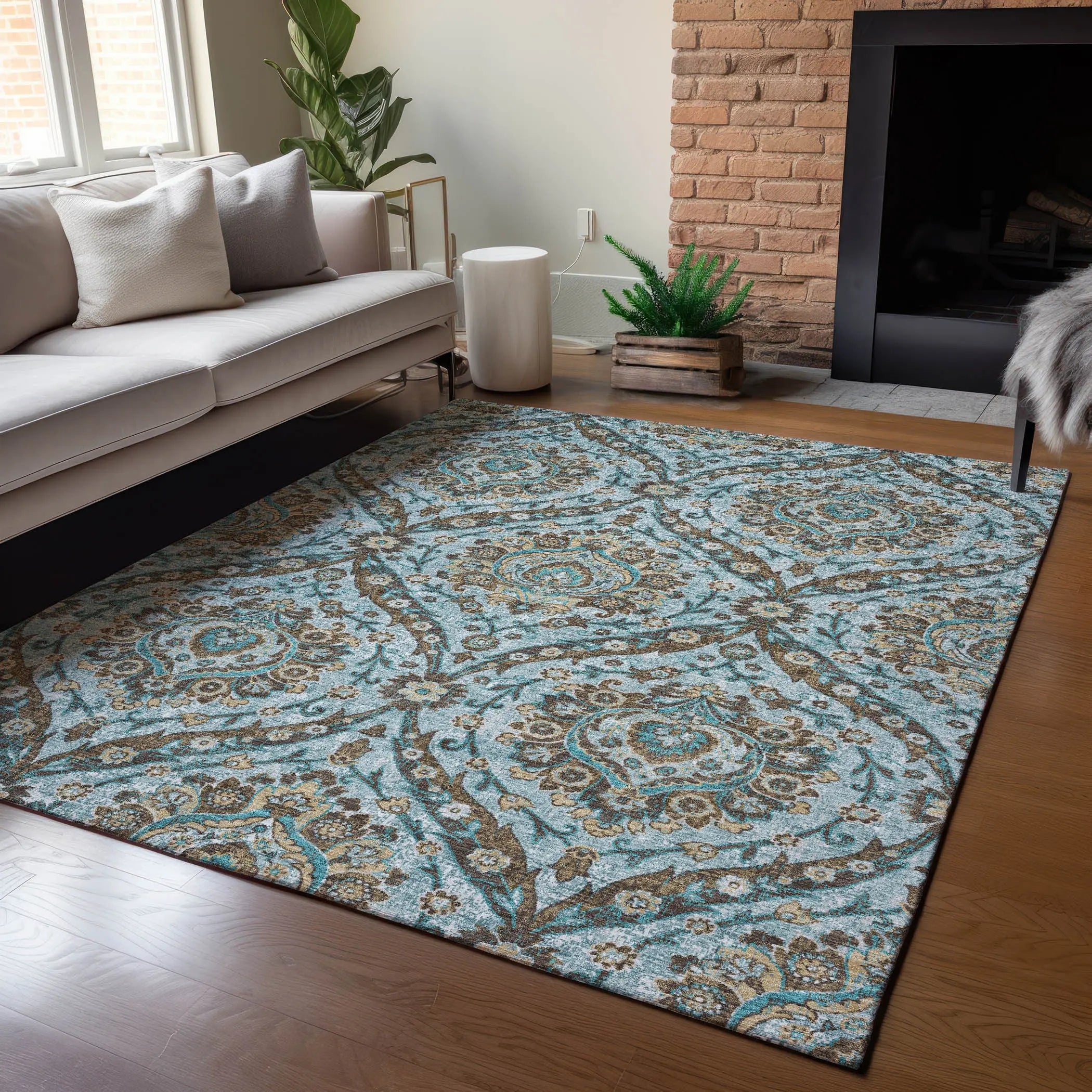 5' X 8' Teal Blue And Blue Floral Washable Indoor Outdoor Area Rug Homeroots Outdoor