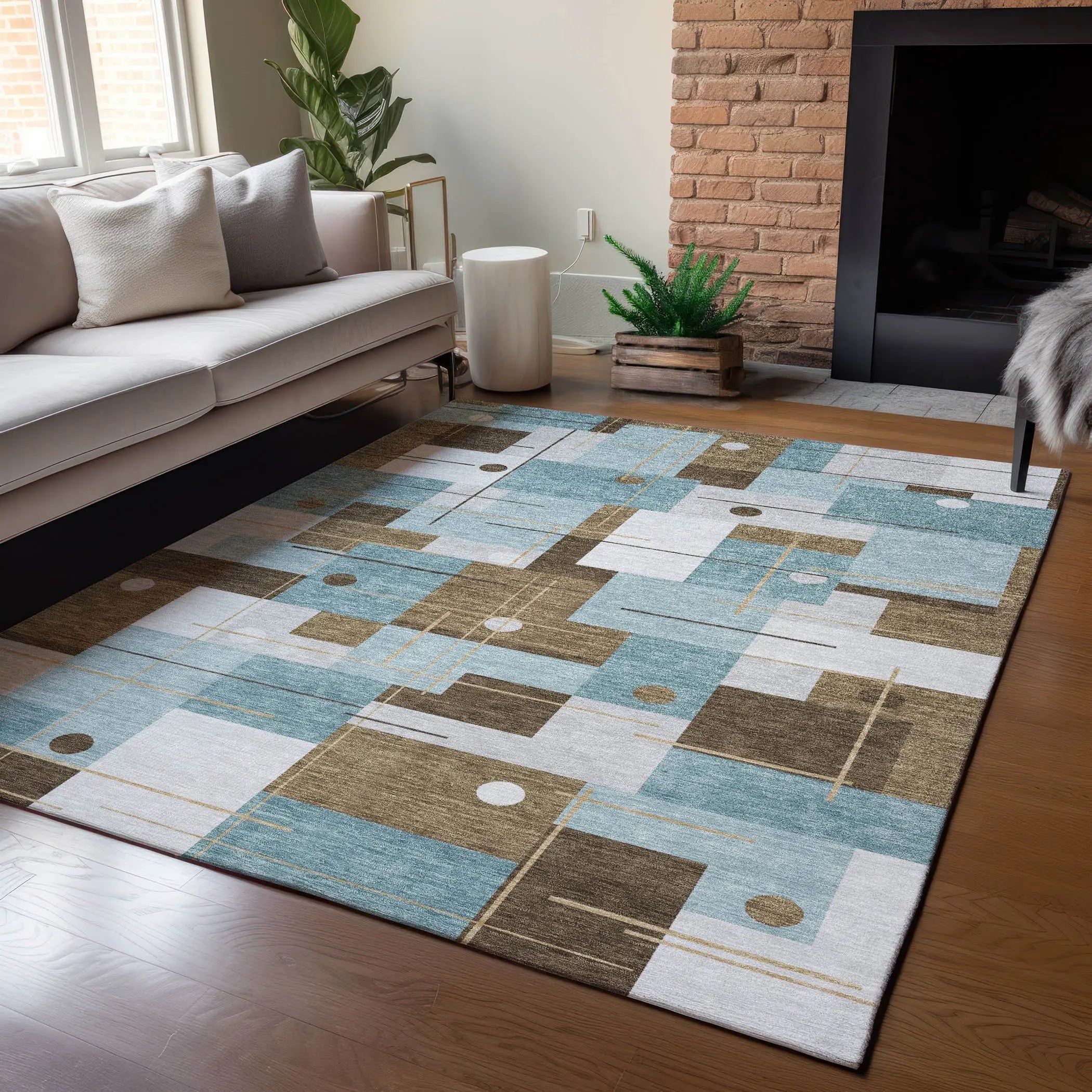 5' X 8' Teal Blue And Blue Geometric Washable Indoor Outdoor Area Rug Homeroots Outdoor