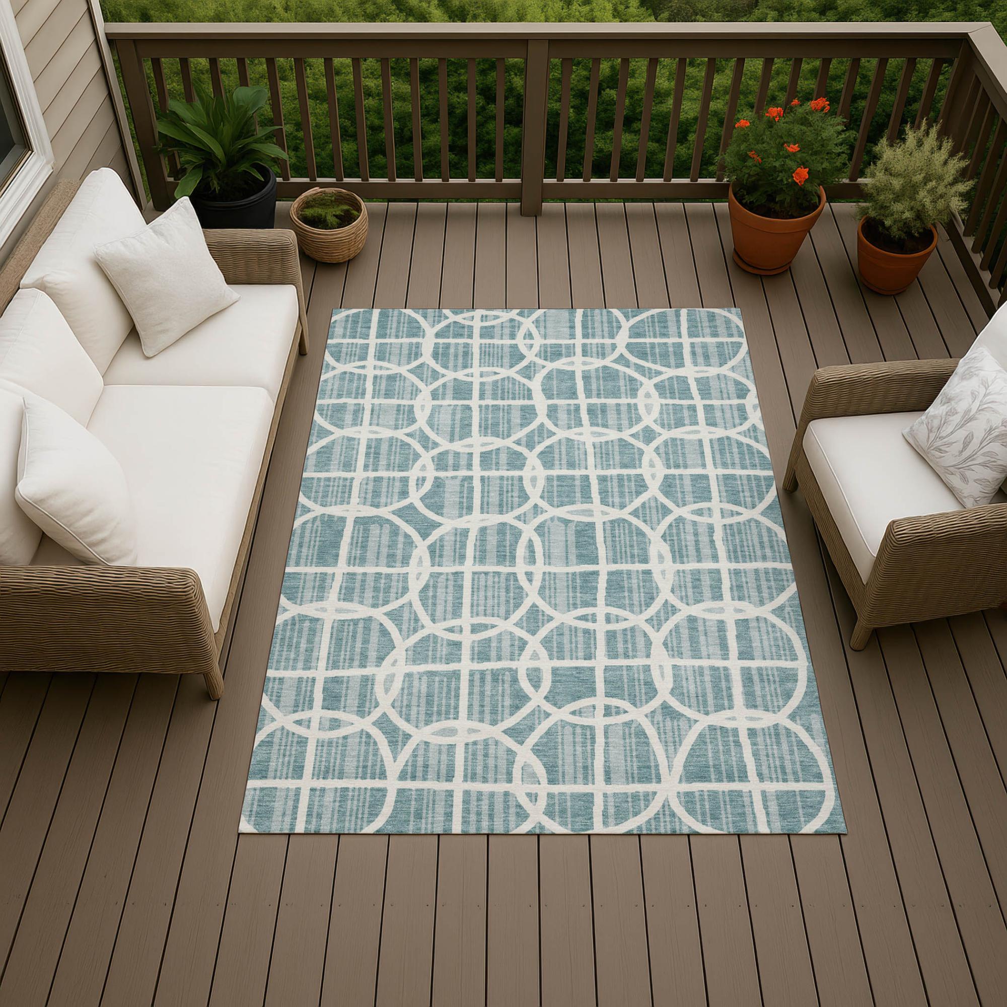 5' X 8' Teal Blue And Blue Geometric Washable Indoor Outdoor Area Rug Homeroots Outdoor