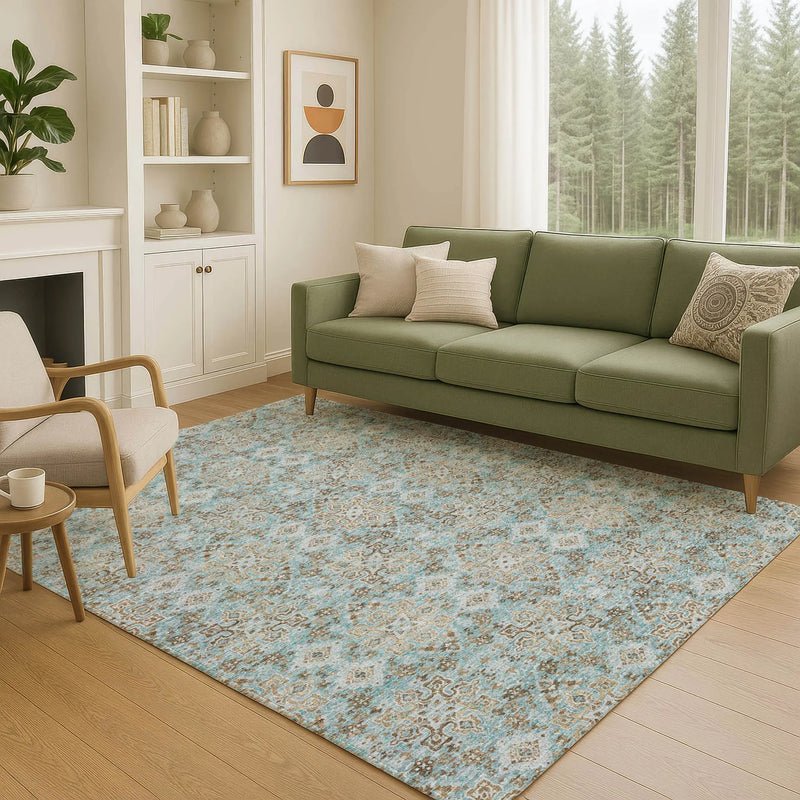 5' X 8' Teal Blue And Blue Oriental Washable Indoor Outdoor Area Rug Homeroots Outdoor