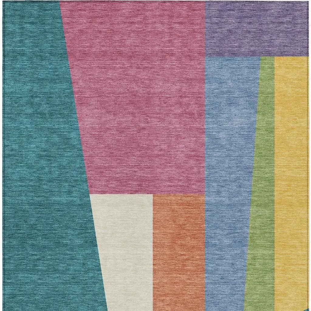 5' X 8' Teal Blue And Blush Geometric Washable Indoor Outdoor Area Rug Homeroots Outdoor