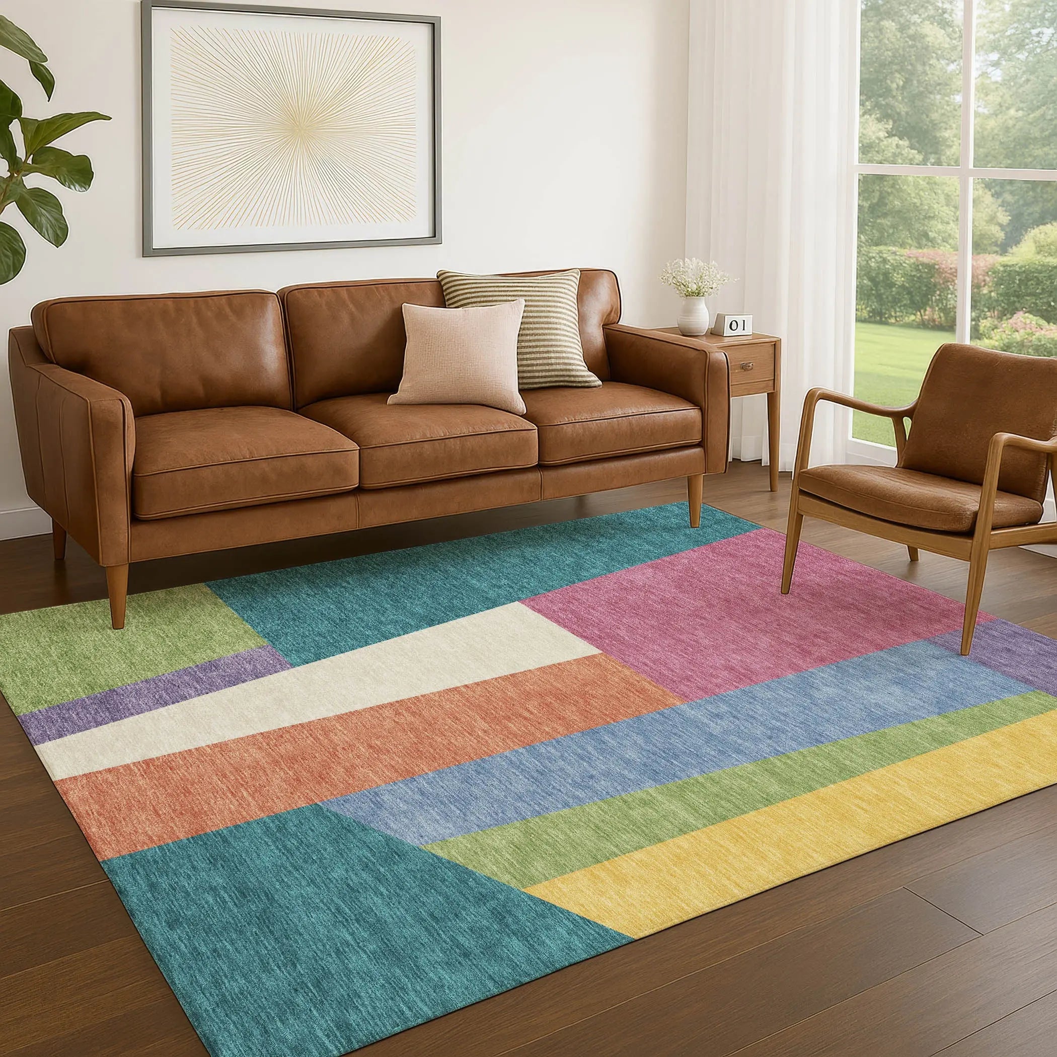 5' X 8' Teal Blue And Blush Geometric Washable Indoor Outdoor Area Rug Homeroots Outdoor