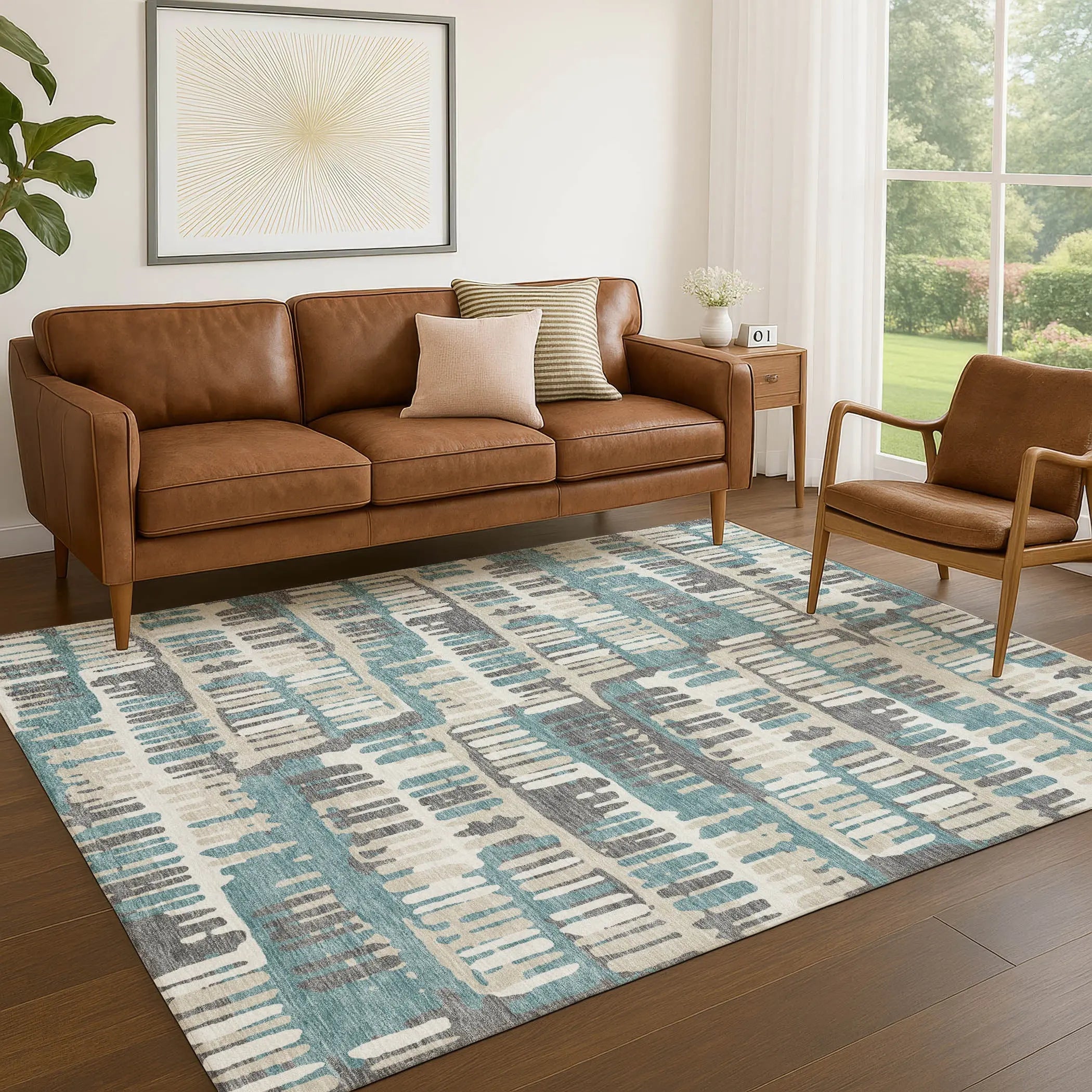 5' X 8' Teal Blue And Brown Abstract Washable Indoor Outdoor Area Rug Homeroots Outdoor