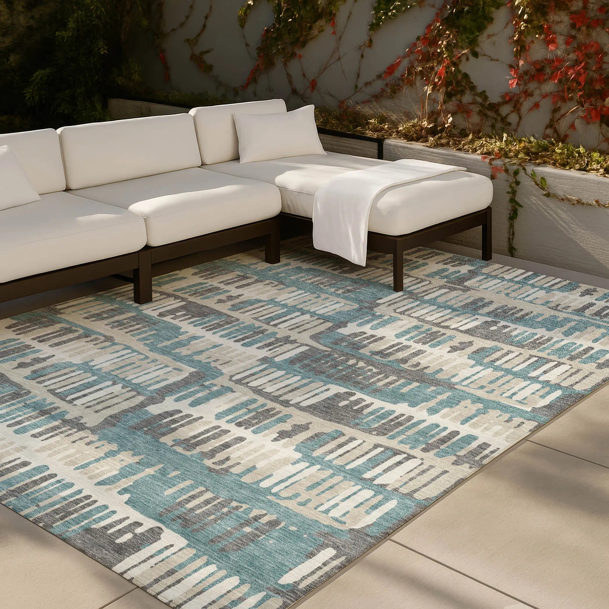 5' X 8' Teal Blue And Brown Abstract Washable Indoor Outdoor Area Rug Homeroots Outdoor
