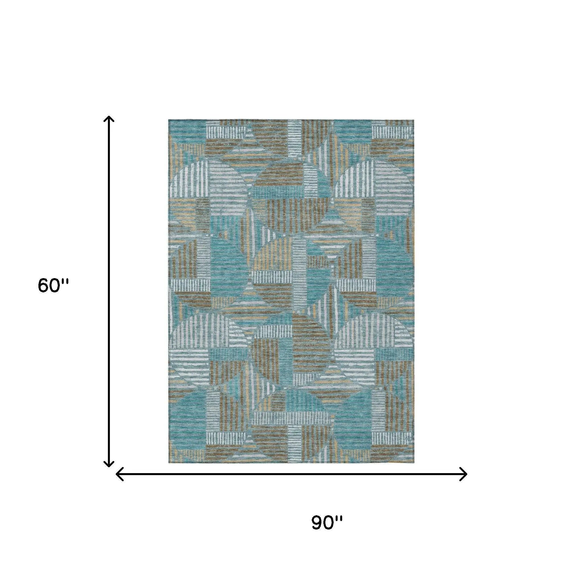 5' X 8' Teal Blue And Brown Geometric Washable Indoor Outdoor Area Rug Homeroots Outdoor