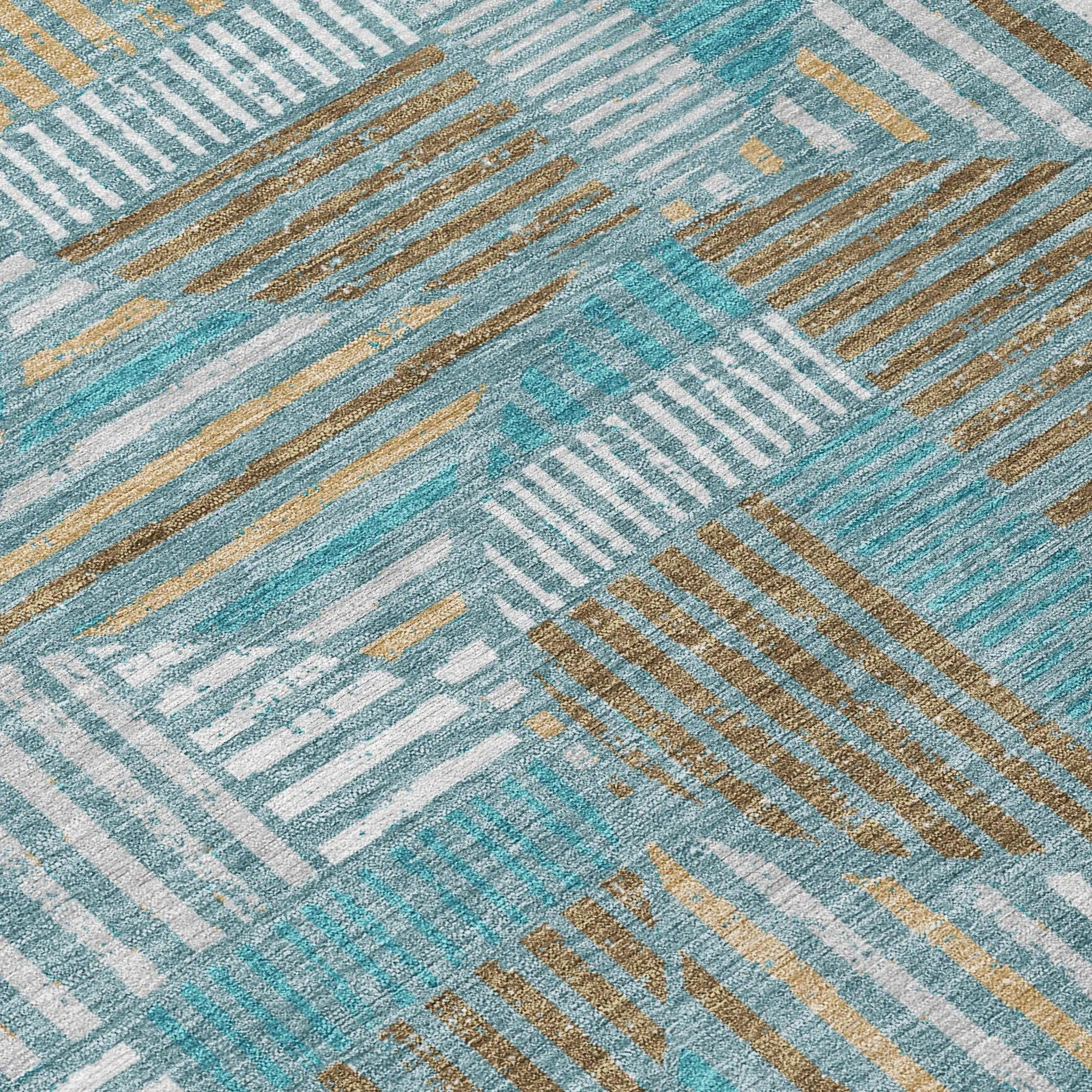 5' X 8' Teal Blue And Brown Geometric Washable Indoor Outdoor Area Rug Homeroots Outdoor