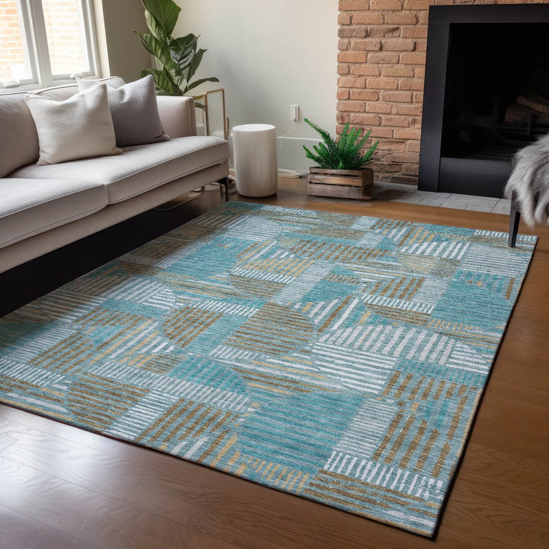 5' X 8' Teal Blue And Brown Geometric Washable Indoor Outdoor Area Rug Homeroots Outdoor