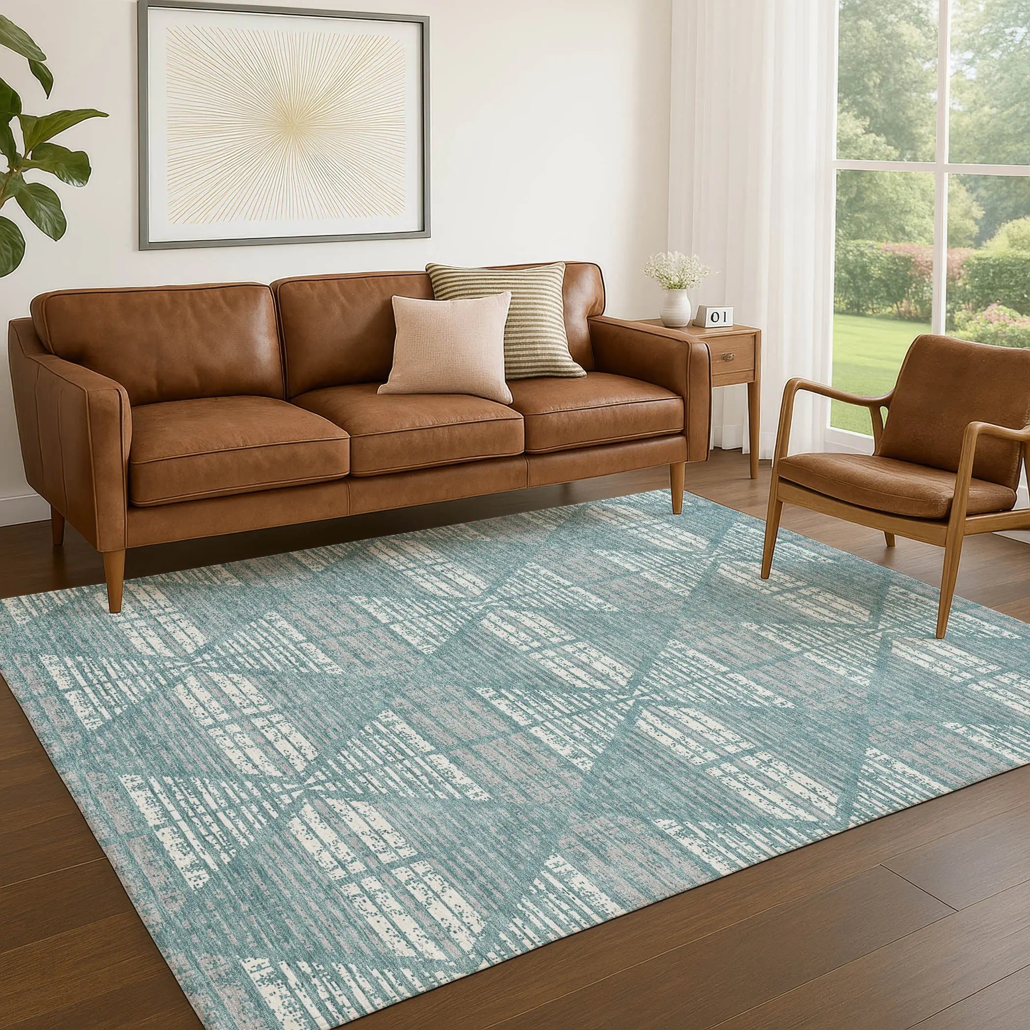 5' X 8' Teal Blue And Brown Geometric Washable Indoor Outdoor Area Rug Homeroots Outdoor