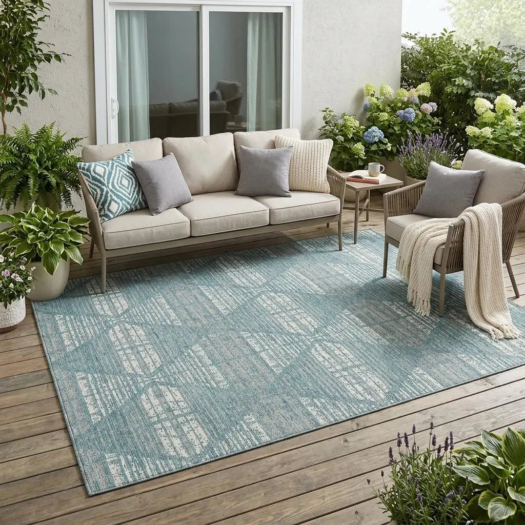 5' X 8' Teal Blue And Brown Geometric Washable Indoor Outdoor Area Rug Homeroots Outdoor