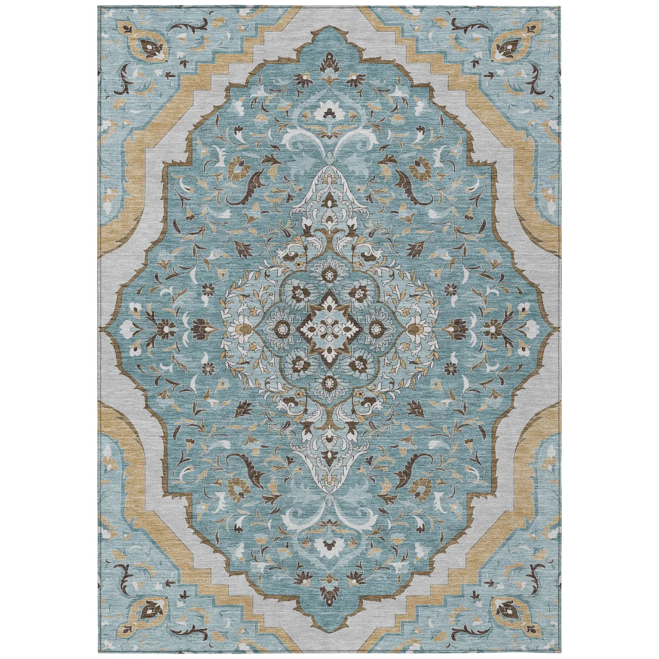 5' X 8' Teal Blue And Brown Medallion Washable Indoor Outdoor Area Rug Homeroots Outdoor