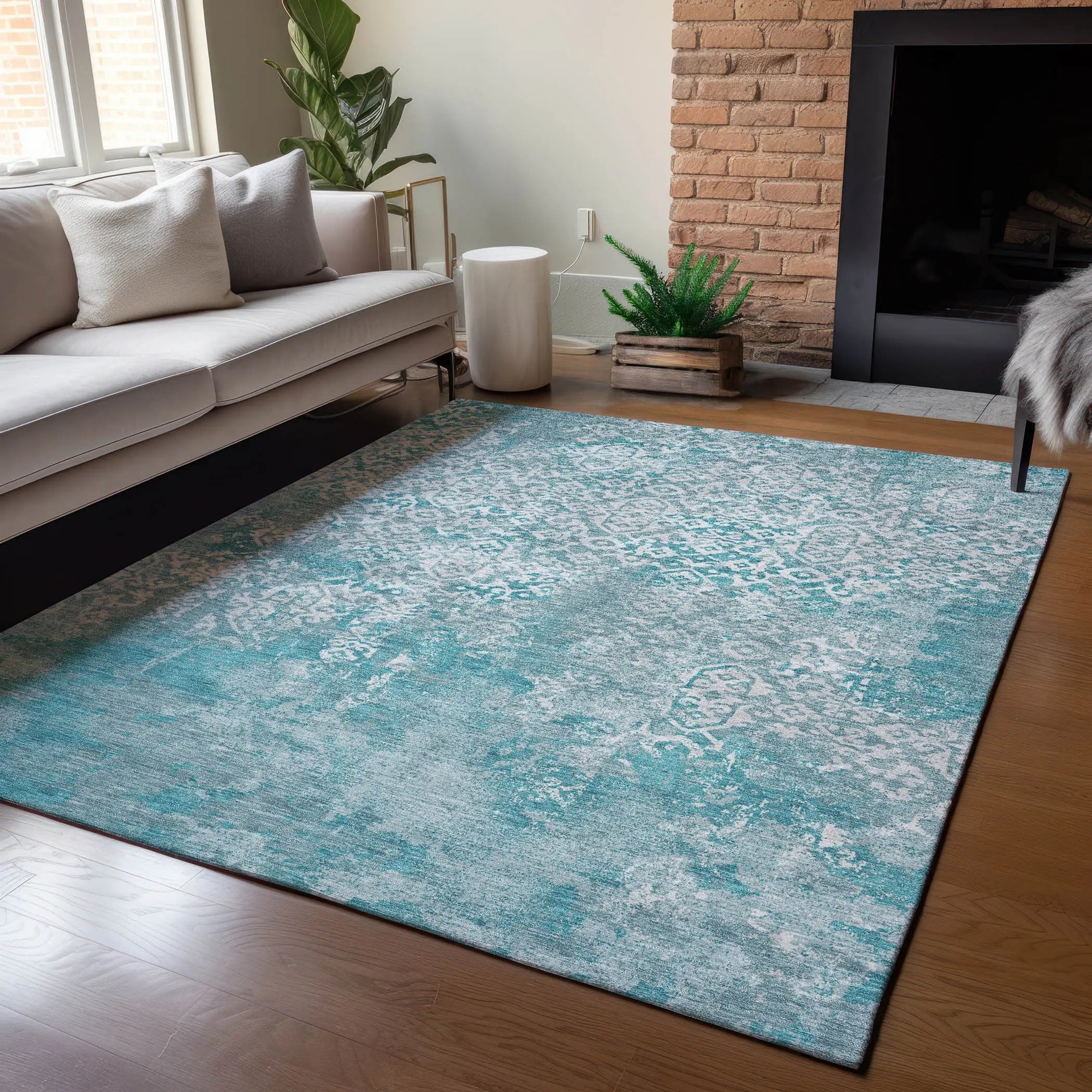 5' X 8' Teal Blue And Brown Oriental Washable Indoor Outdoor Area Rug Homeroots Outdoor