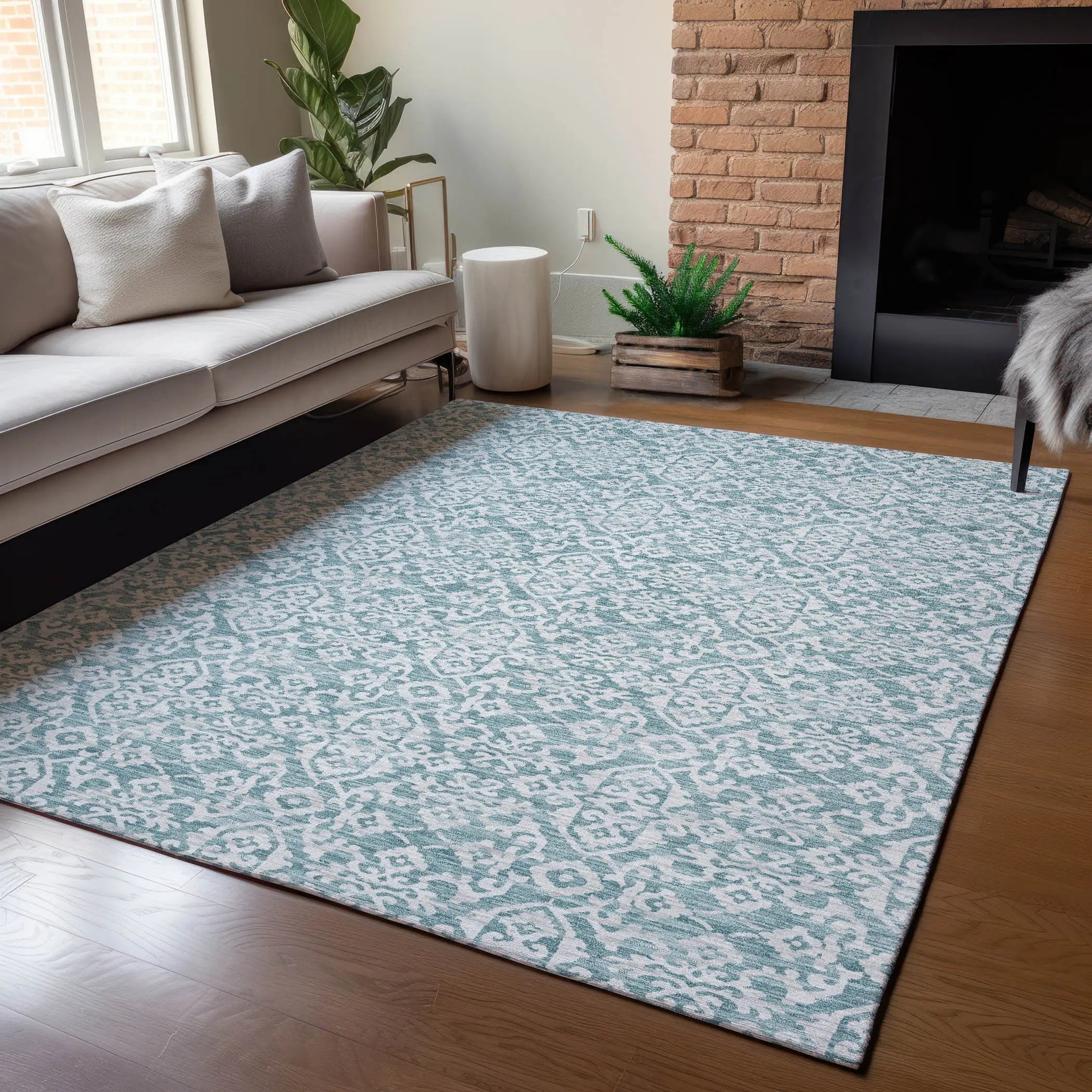 5' X 8' Teal Blue And Brown Oriental Washable Indoor Outdoor Area Rug Homeroots Outdoor