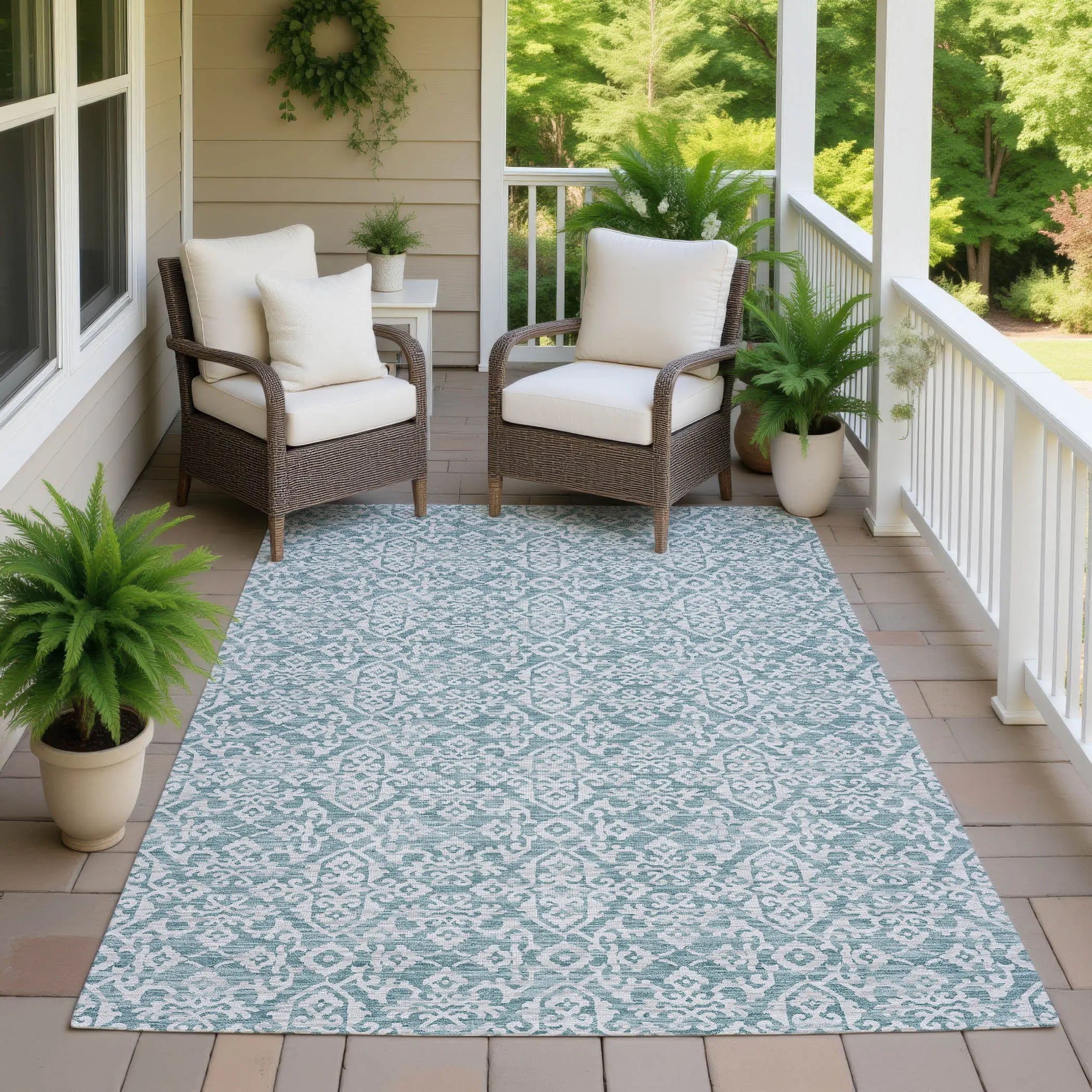 5' X 8' Teal Blue And Brown Oriental Washable Indoor Outdoor Area Rug Homeroots Outdoor