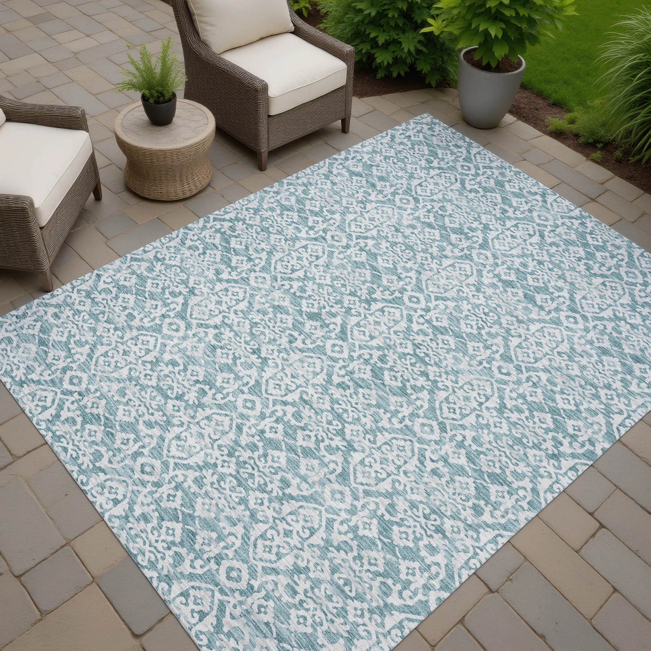 5' X 8' Teal Blue And Brown Oriental Washable Indoor Outdoor Area Rug Homeroots Outdoor