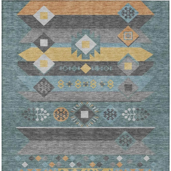 5' X 8' Teal Blue And Copper Geometric Washable Indoor Outdoor Area Rug Homeroots Outdoor