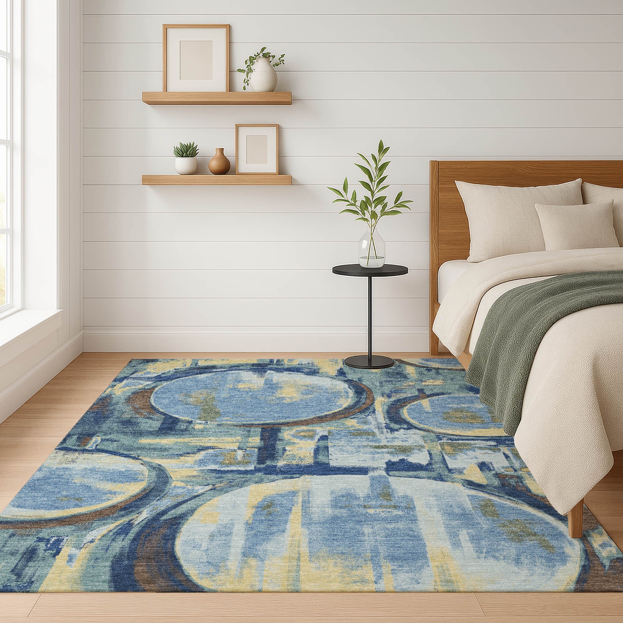 5' X 8' Teal Blue And Denim Blue Abstract Washable Indoor Outdoor Area Rug Homeroots Outdoor