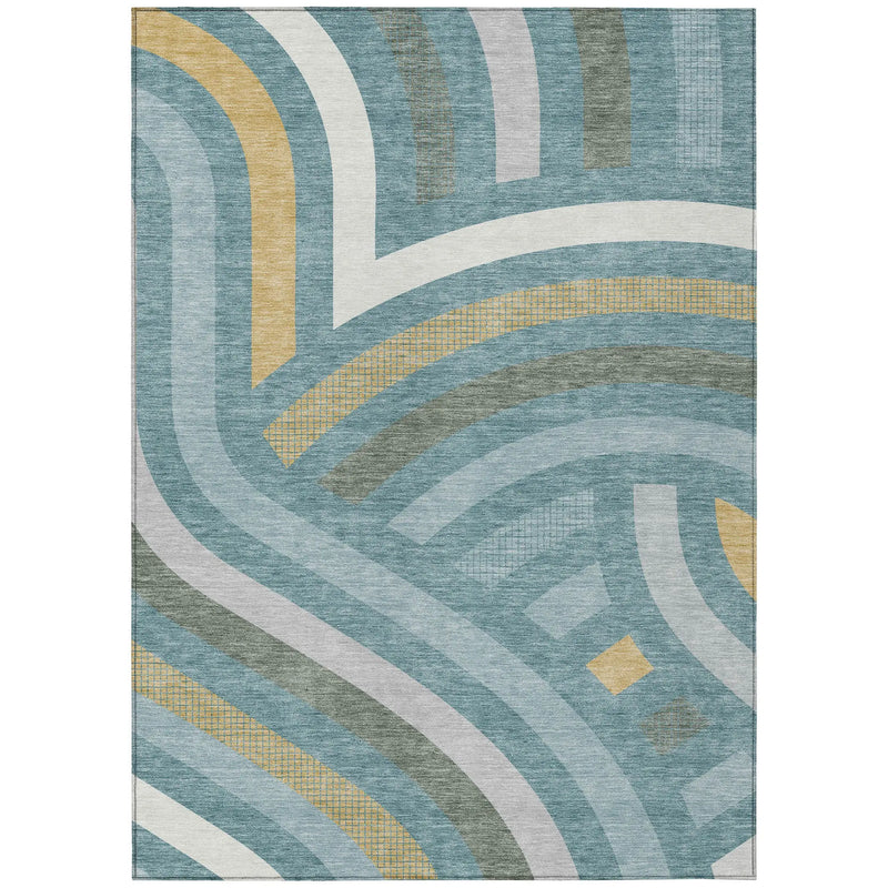 5' X 8' Teal Blue And Gold Abstract Washable Indoor Outdoor Area Rug Homeroots Outdoor