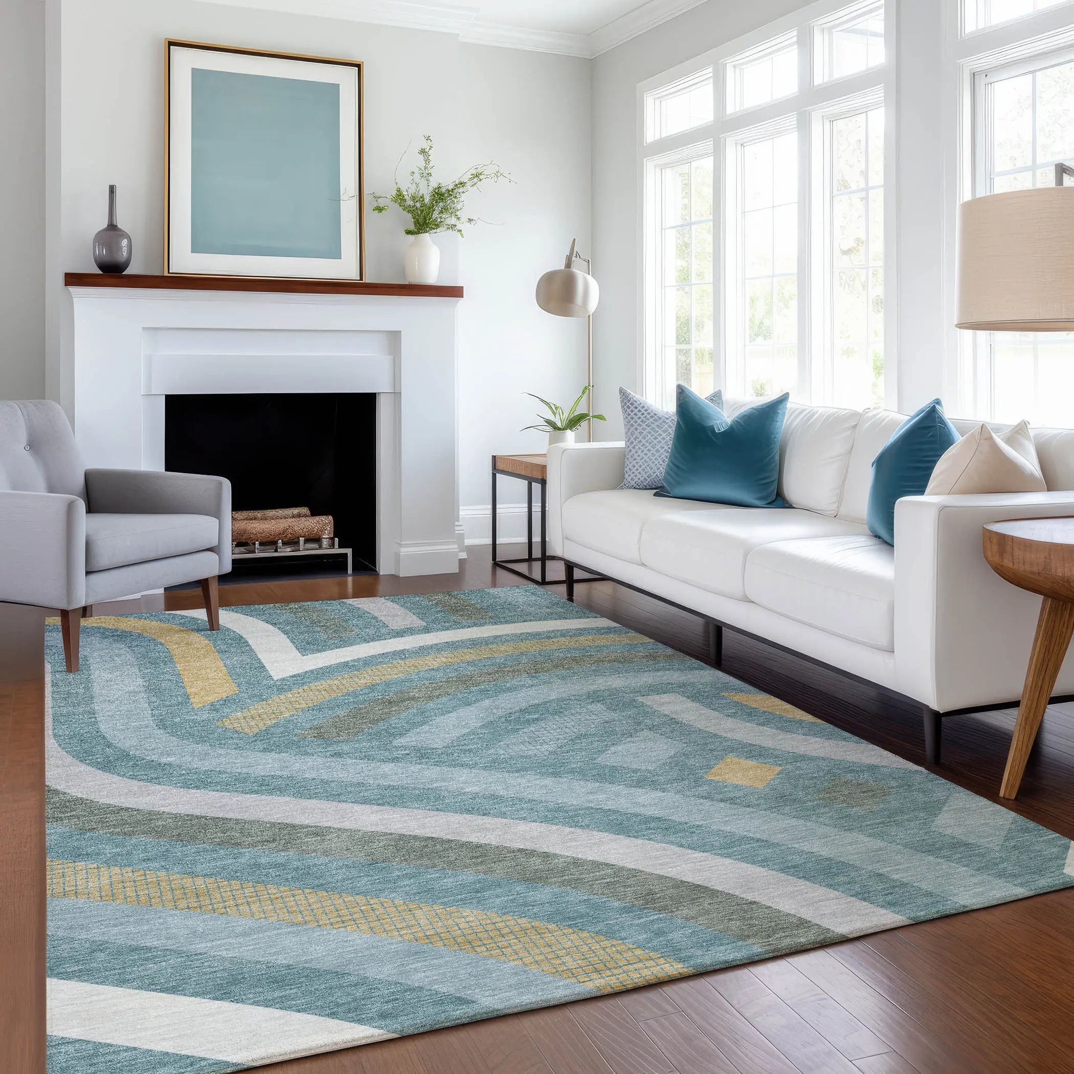 5' X 8' Teal Blue And Gold Abstract Washable Indoor Outdoor Area Rug Homeroots Outdoor
