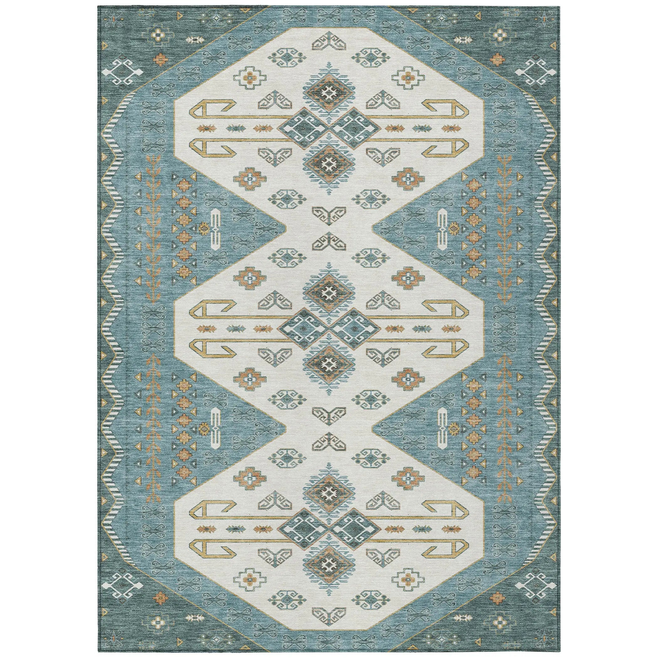 5' X 8' Teal Blue And Gold Geometric Washable Indoor Outdoor Area Rug Homeroots Outdoor