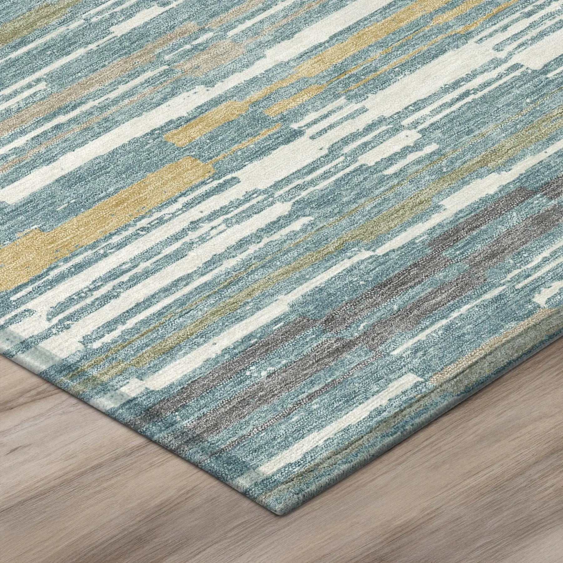 5' X 8' Teal Blue And Gold Striped Washable Indoor Outdoor Area Rug Homeroots Outdoor