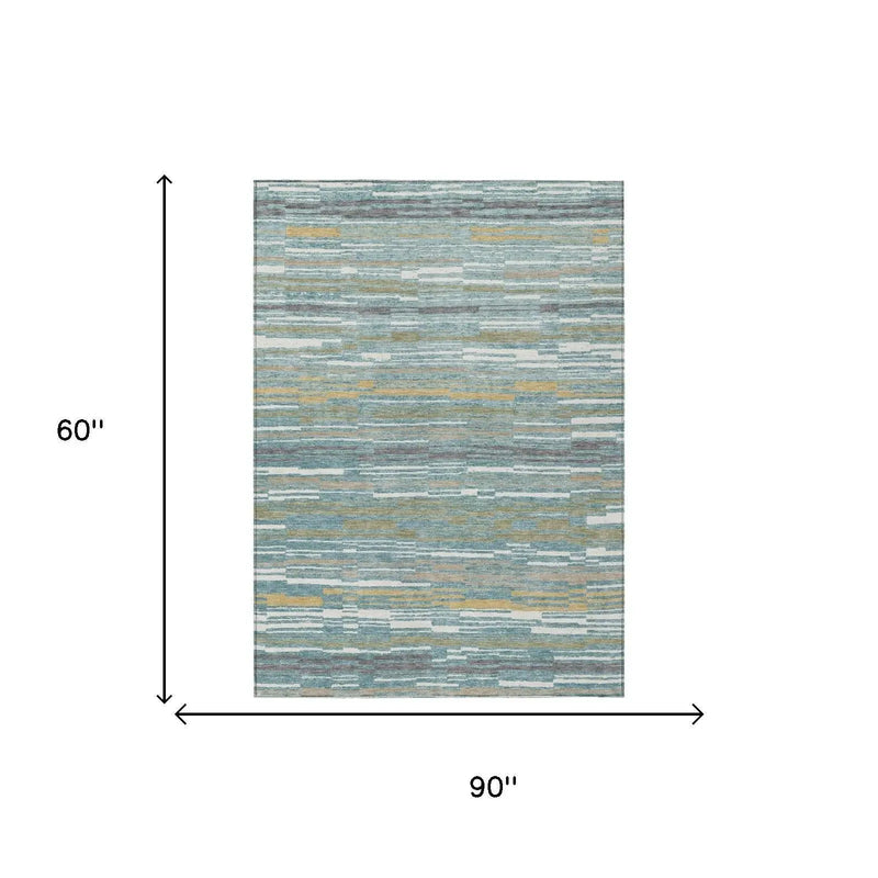 5' X 8' Teal Blue And Gold Striped Washable Indoor Outdoor Area Rug Homeroots Outdoor