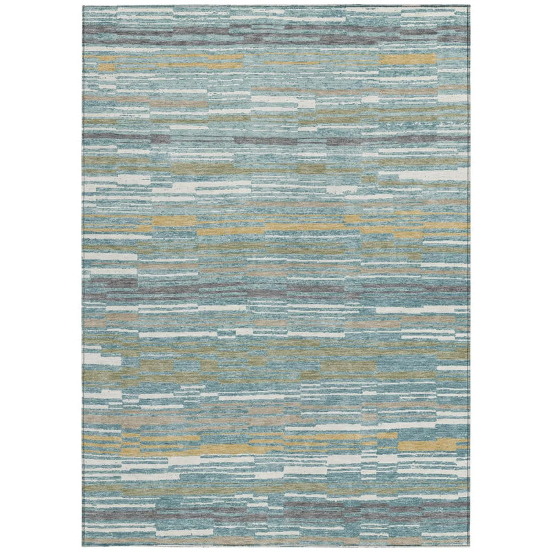 5' X 8' Teal Blue And Gold Striped Washable Indoor Outdoor Area Rug Homeroots Outdoor