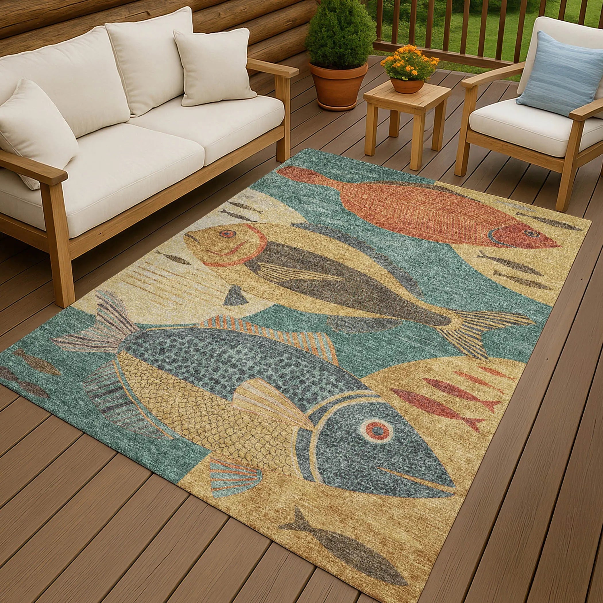 5' X 8' Teal Blue And Gold Tropical Fish Washable Indoor Outdoor Area Rug Homeroots Outdoor