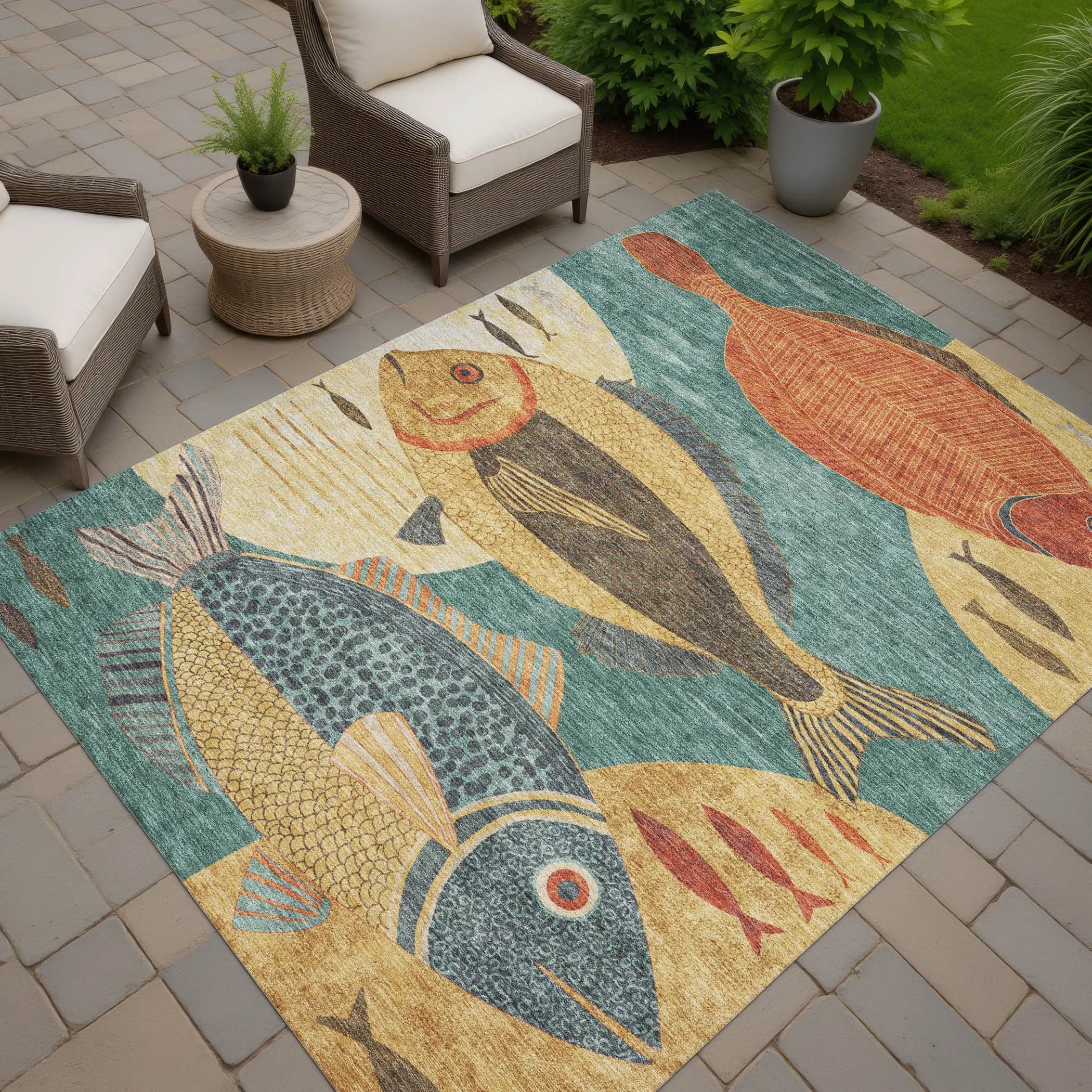 5' X 8' Teal Blue And Gold Tropical Fish Washable Indoor Outdoor Area Rug Homeroots Outdoor