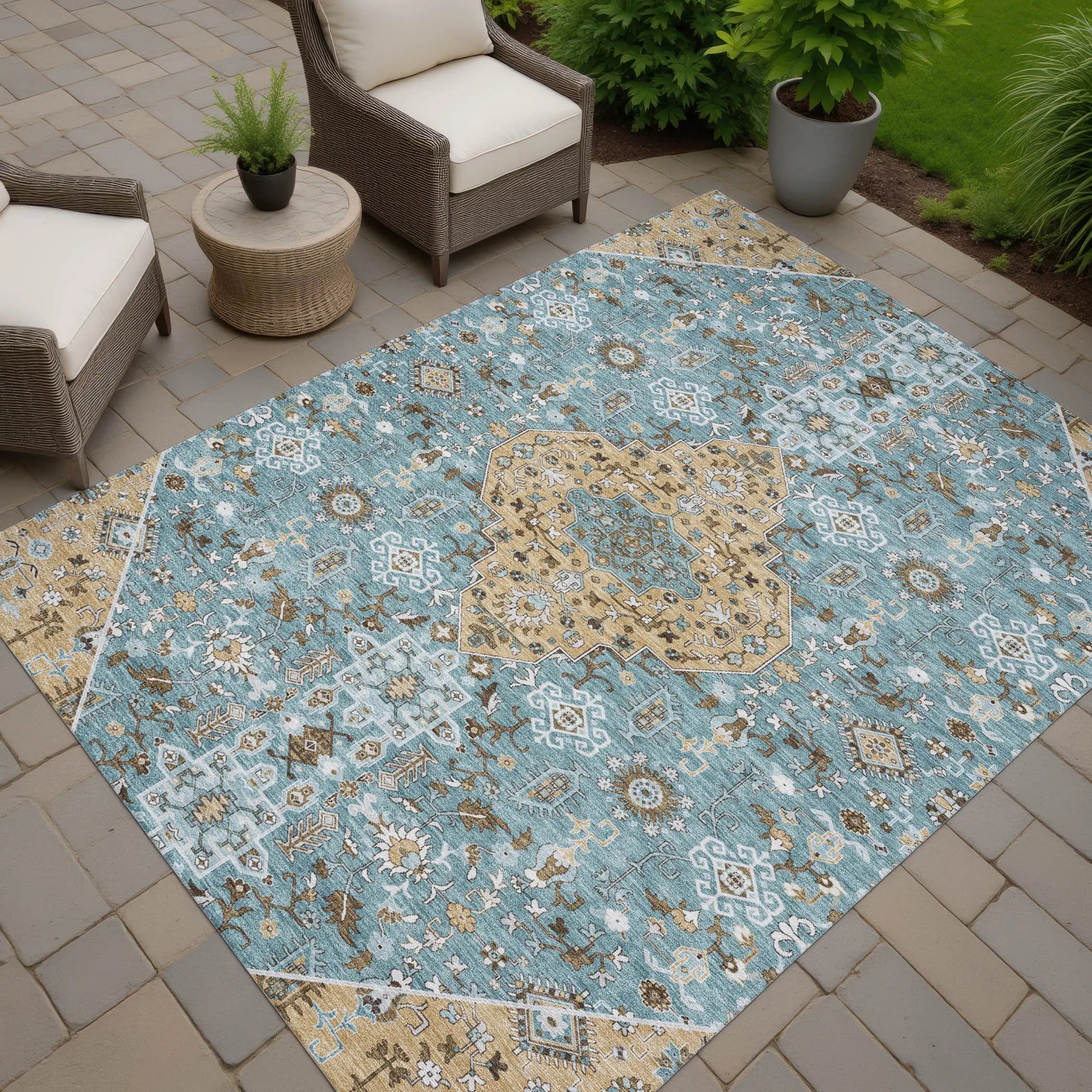 5' X 8' Teal Blue And Graphite Medallion Washable Indoor Outdoor Area Rug Homeroots Outdoor