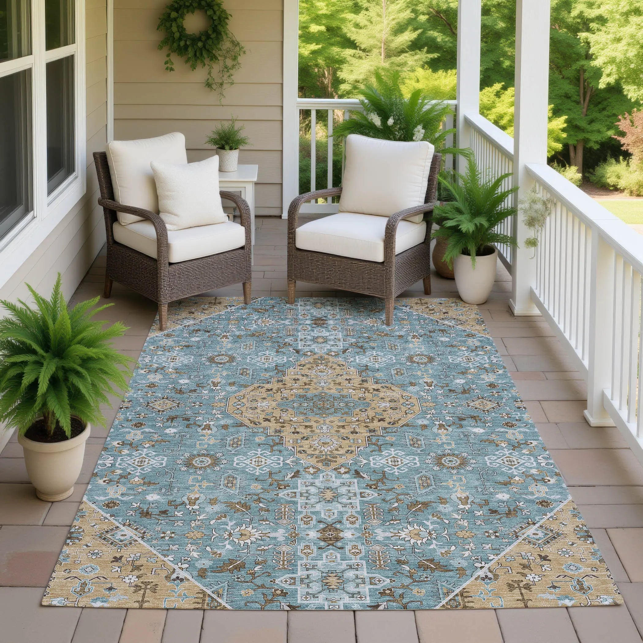 5' X 8' Teal Blue And Graphite Medallion Washable Indoor Outdoor Area Rug Homeroots Outdoor