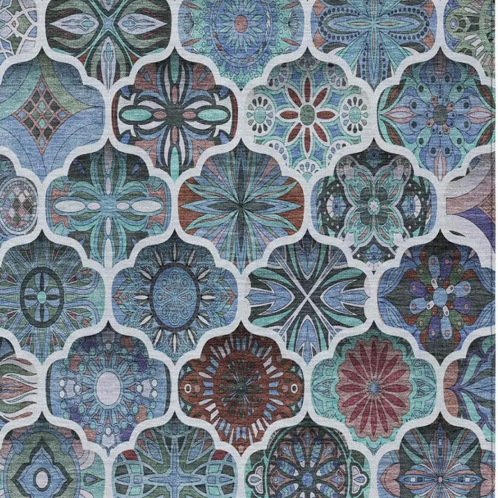 5' X 8' Teal Blue And Graphite Ogee Washable Indoor Outdoor Area Rug Homeroots Outdoor