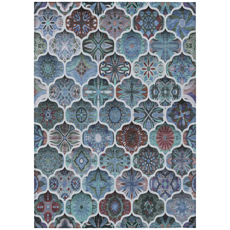 5' X 8' Teal Blue And Graphite Ogee Washable Indoor Outdoor Area Rug Homeroots Outdoor