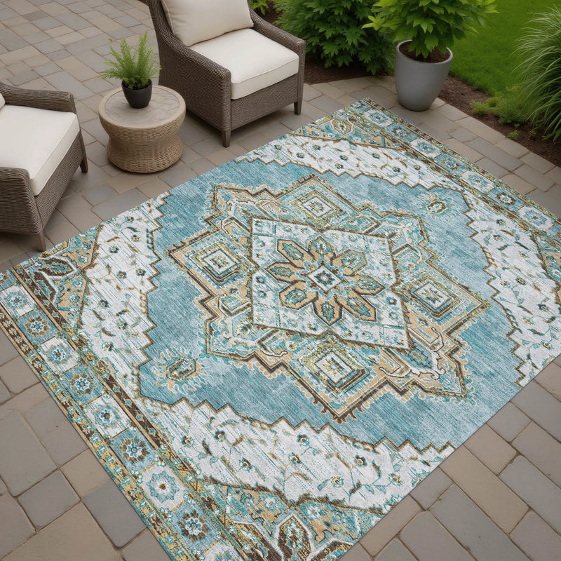 5' X 8' Teal Blue And Graphite Oriental Washable Indoor Outdoor Area Rug Homeroots Outdoor