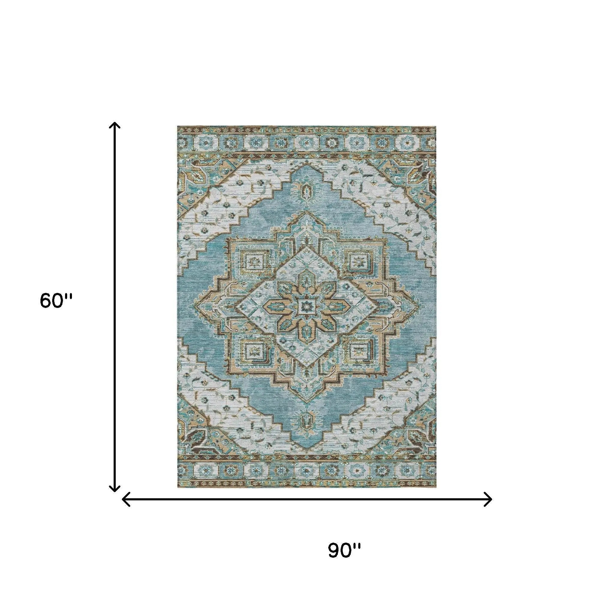 5' X 8' Teal Blue And Graphite Oriental Washable Indoor Outdoor Area Rug Homeroots Outdoor