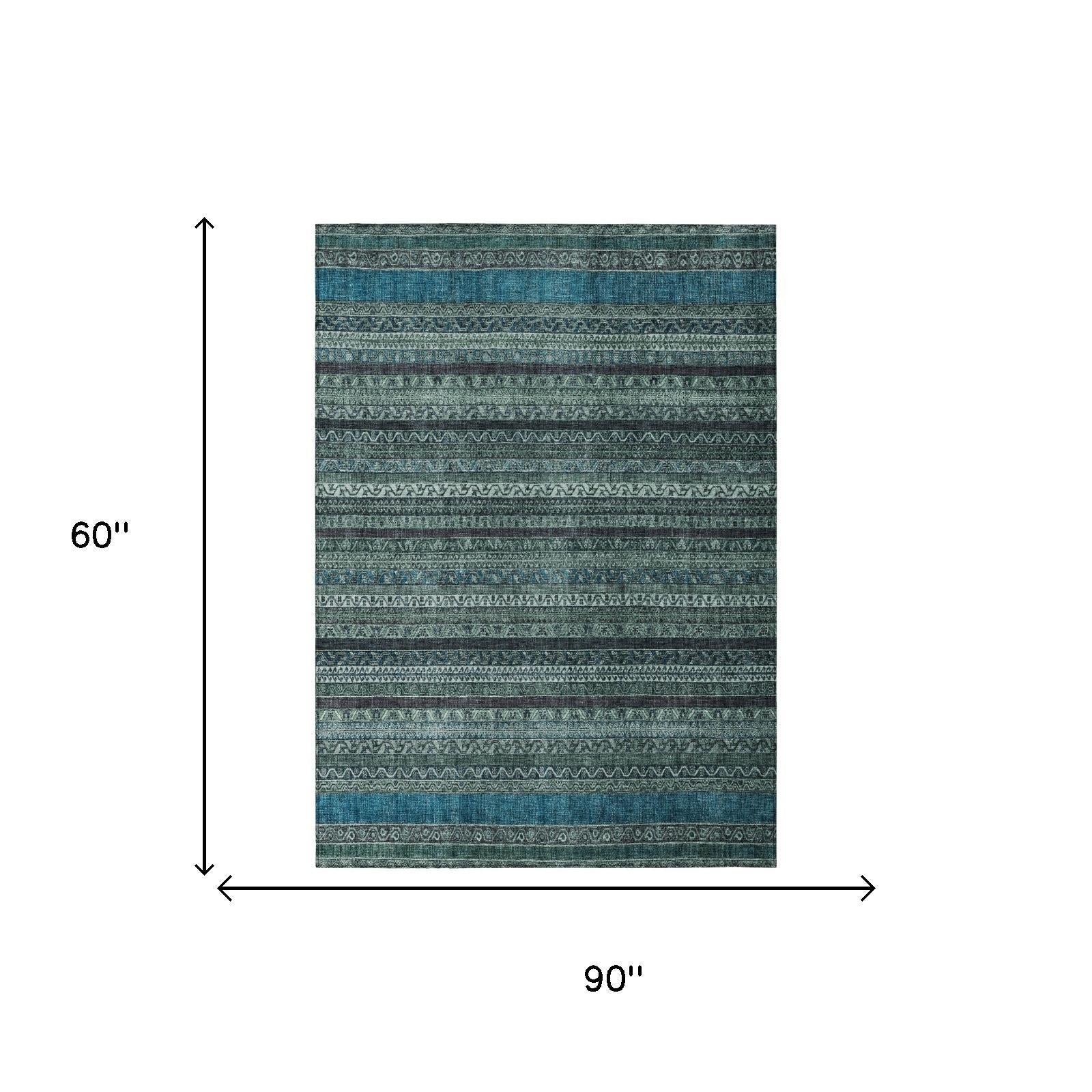 5' X 8' Teal Blue And Graphite Striped Washable Indoor Outdoor Area Rug Homeroots Outdoor