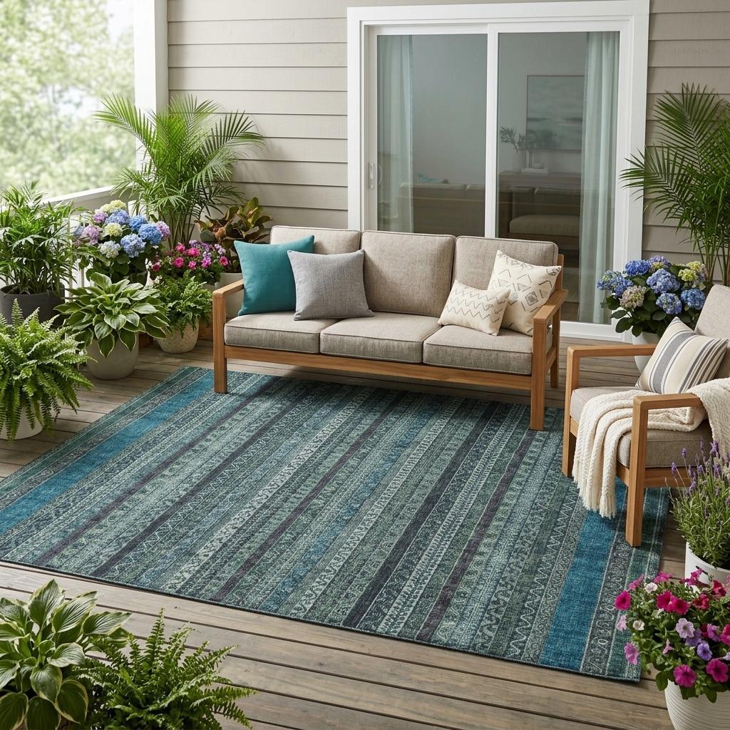 5' X 8' Teal Blue And Graphite Striped Washable Indoor Outdoor Area Rug Homeroots Outdoor