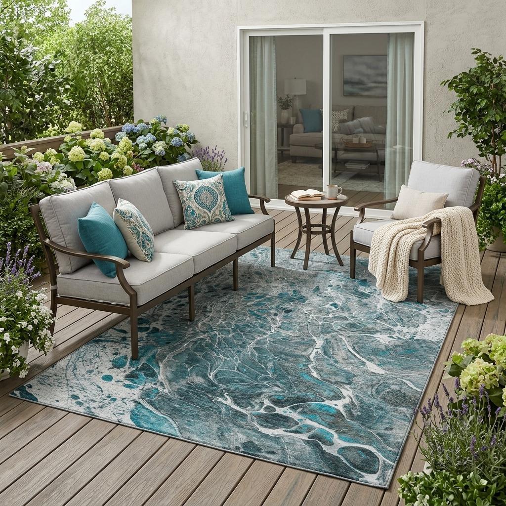 5' X 8' Teal Blue And Gray Abstract Washable Indoor Outdoor Area Rug Homeroots Outdoor
