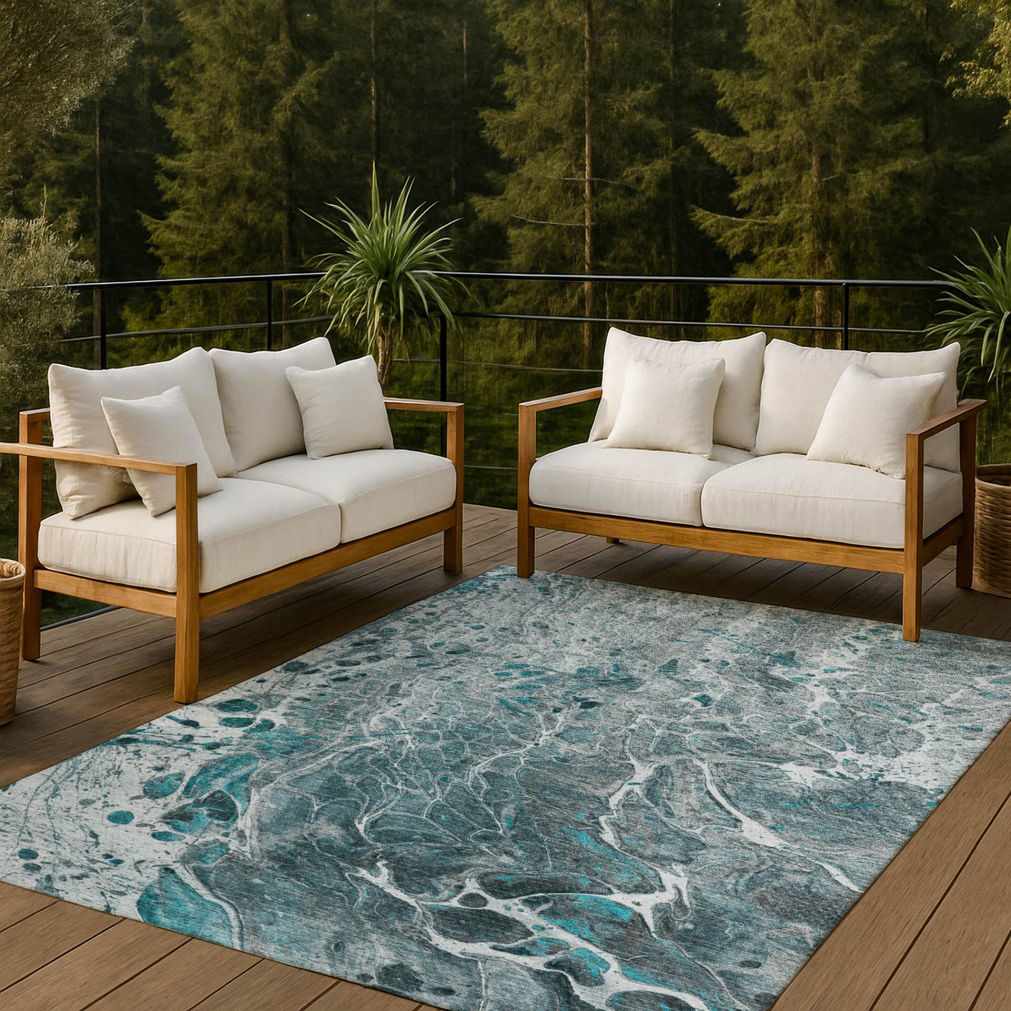 5' X 8' Teal Blue And Gray Abstract Washable Indoor Outdoor Area Rug Homeroots Outdoor