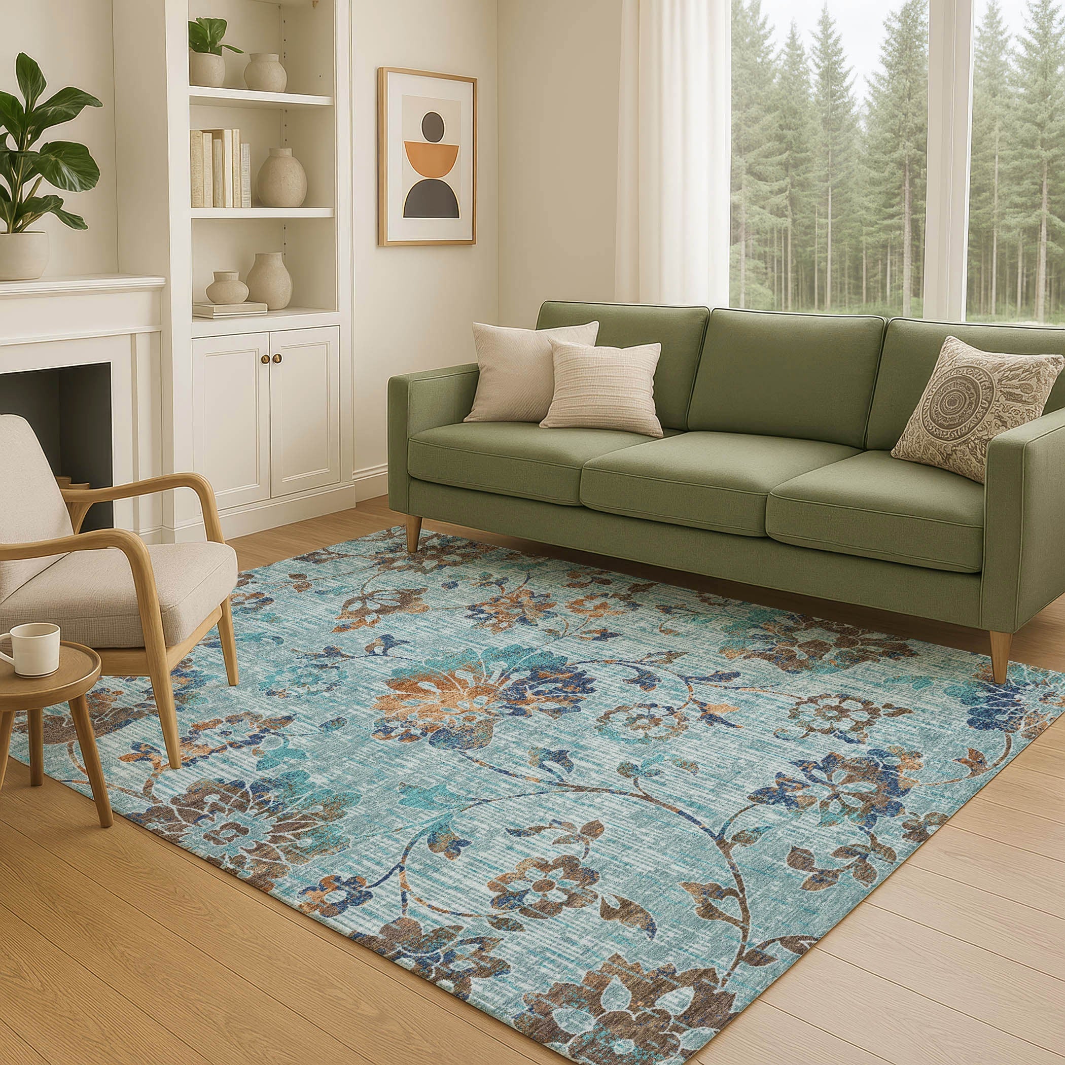5' X 8' Teal Blue And Gray Floral Washable Indoor Outdoor Area Rug Homeroots Outdoor