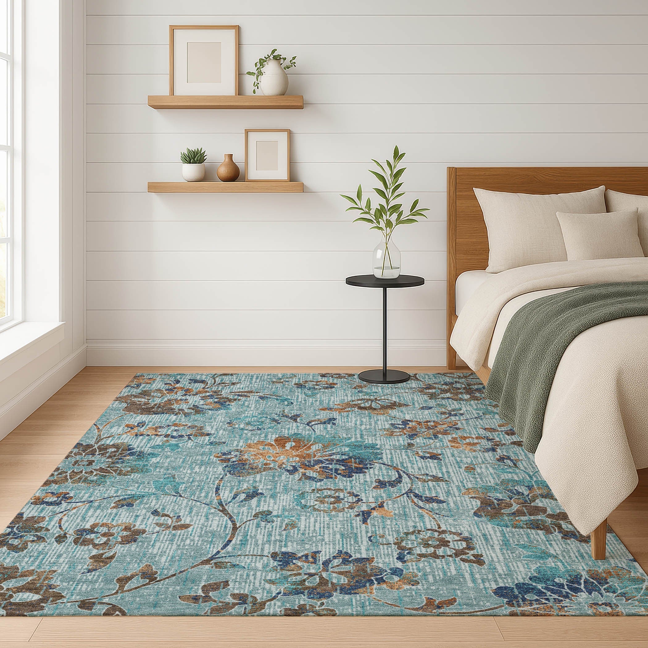 5' X 8' Teal Blue And Gray Floral Washable Indoor Outdoor Area Rug Homeroots Outdoor