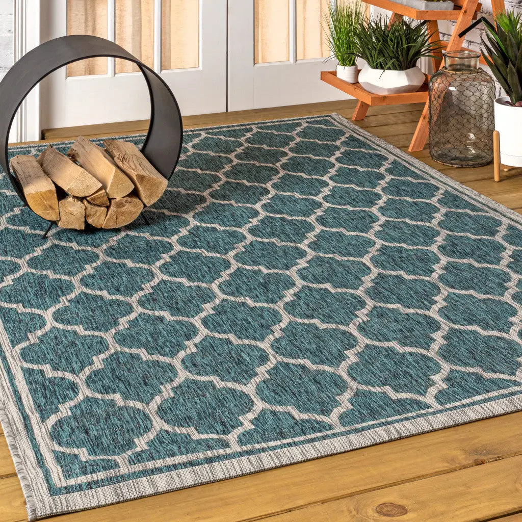 5' X 8' Teal Blue And Gray Geometric Indoor Outdoor Area Rug Homeroots Outdoor