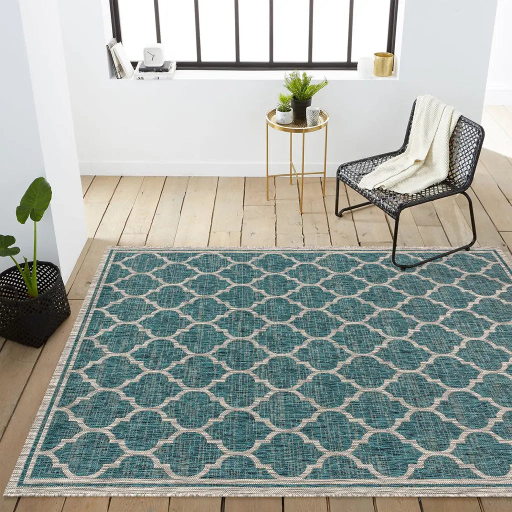 5' X 8' Teal Blue And Gray Geometric Indoor Outdoor Area Rug Homeroots Outdoor