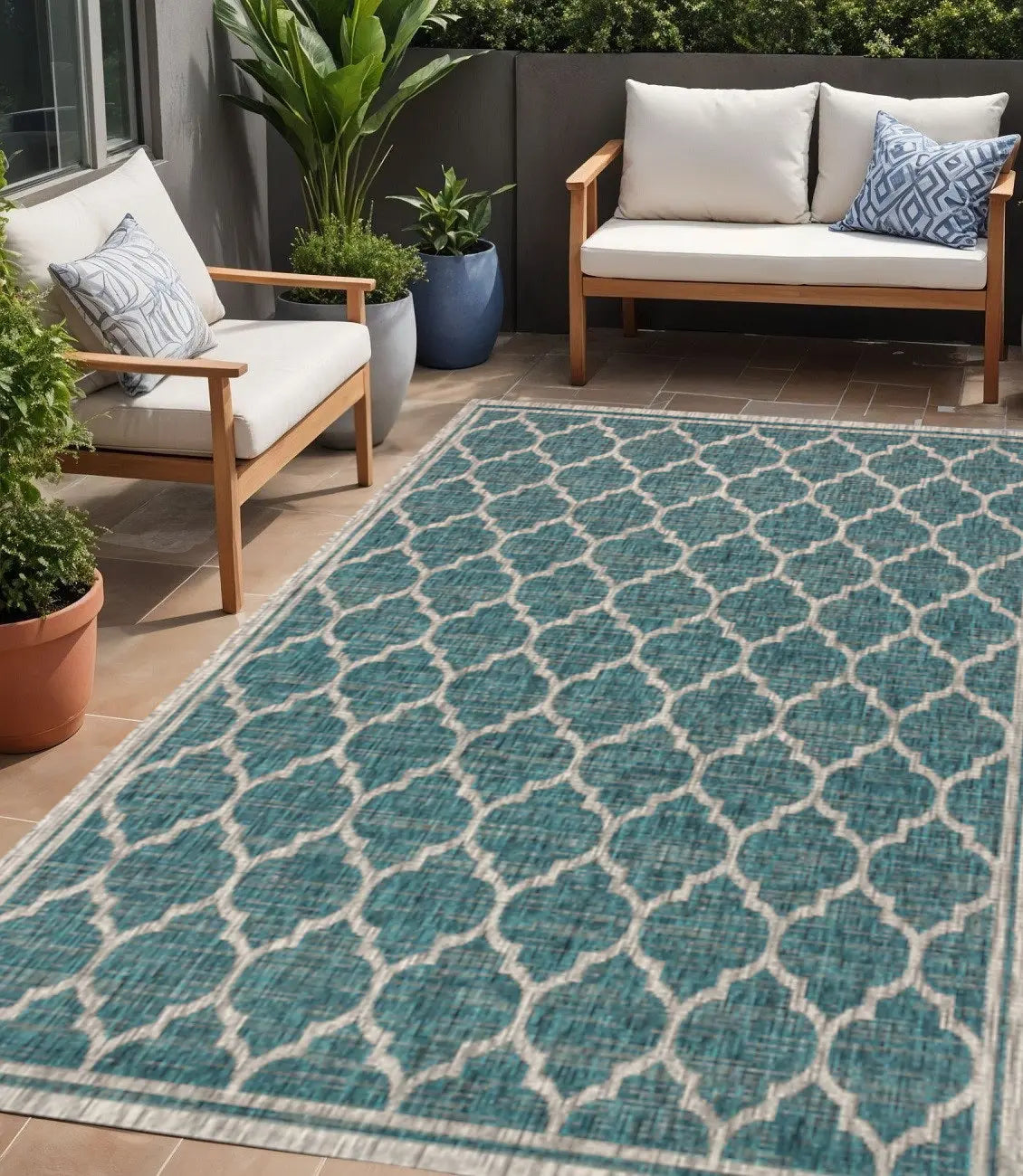 5' X 8' Teal Blue And Gray Geometric Indoor Outdoor Area Rug Homeroots Outdoor