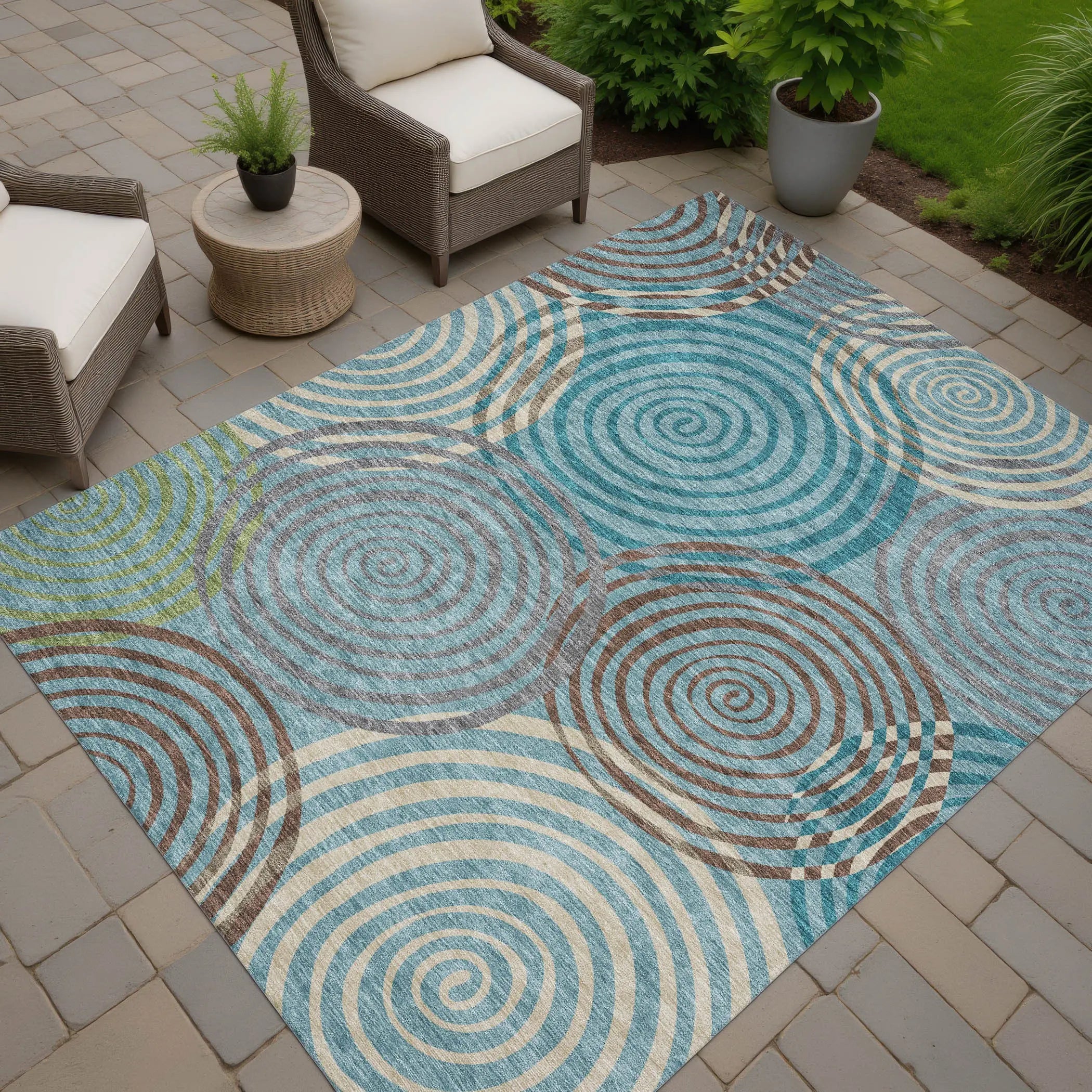 5' X 8' Teal Blue And Gray Geometric Washable Indoor Outdoor Area Rug Homeroots Outdoor